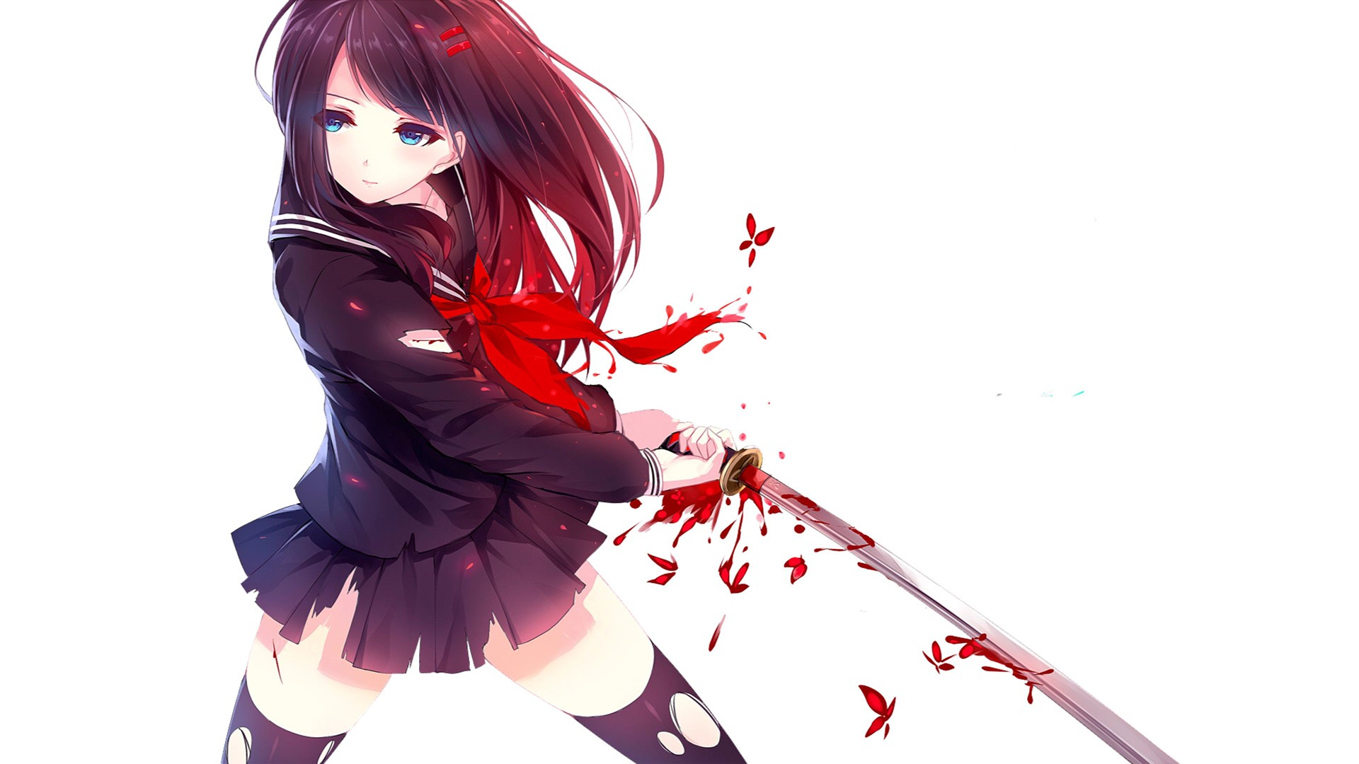 Anime girl with sword and red ribbon HD Wallpaper