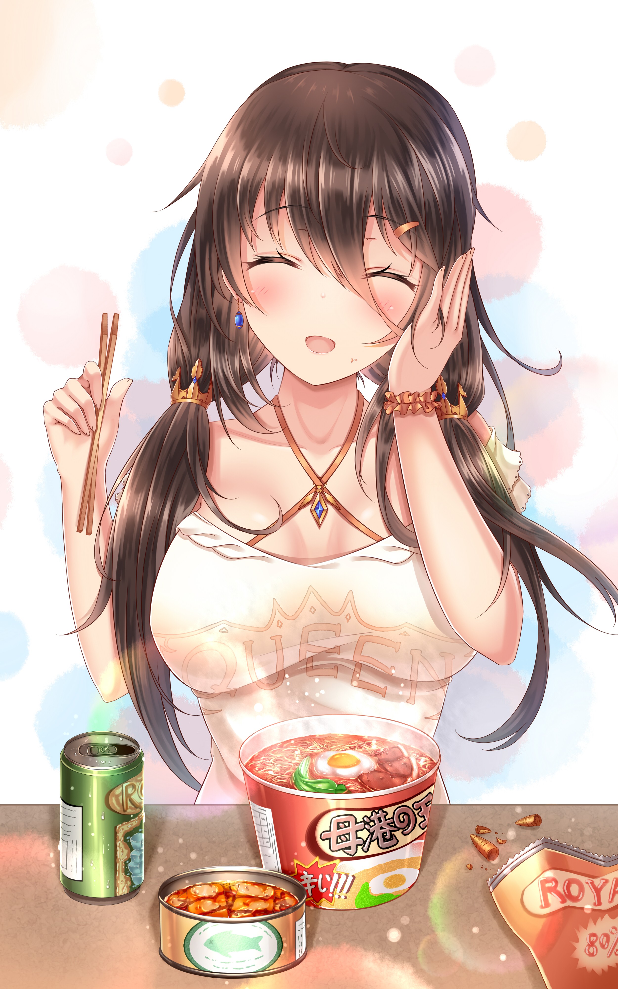 Anime girl eating instant ramen and canned fish HD Wallpaper