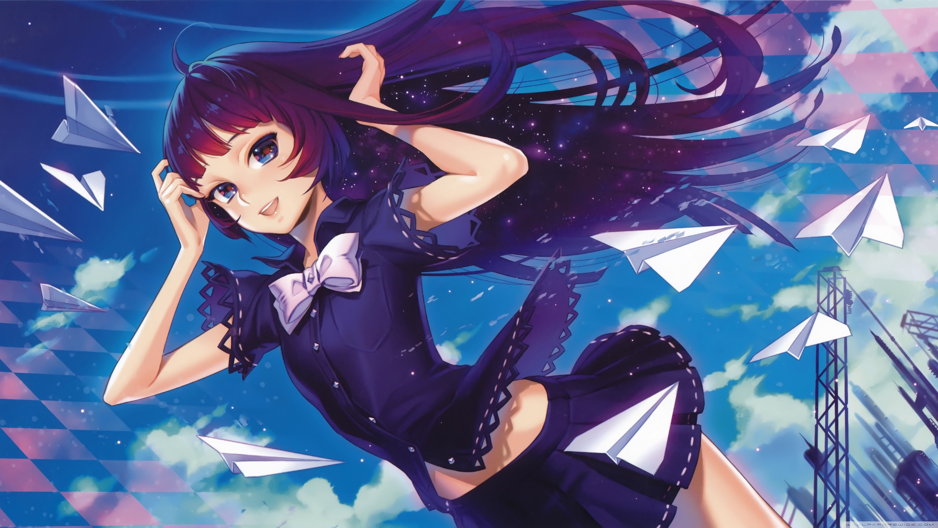 Anime girl with long dark hair and paper airplanes HD Wallpaper