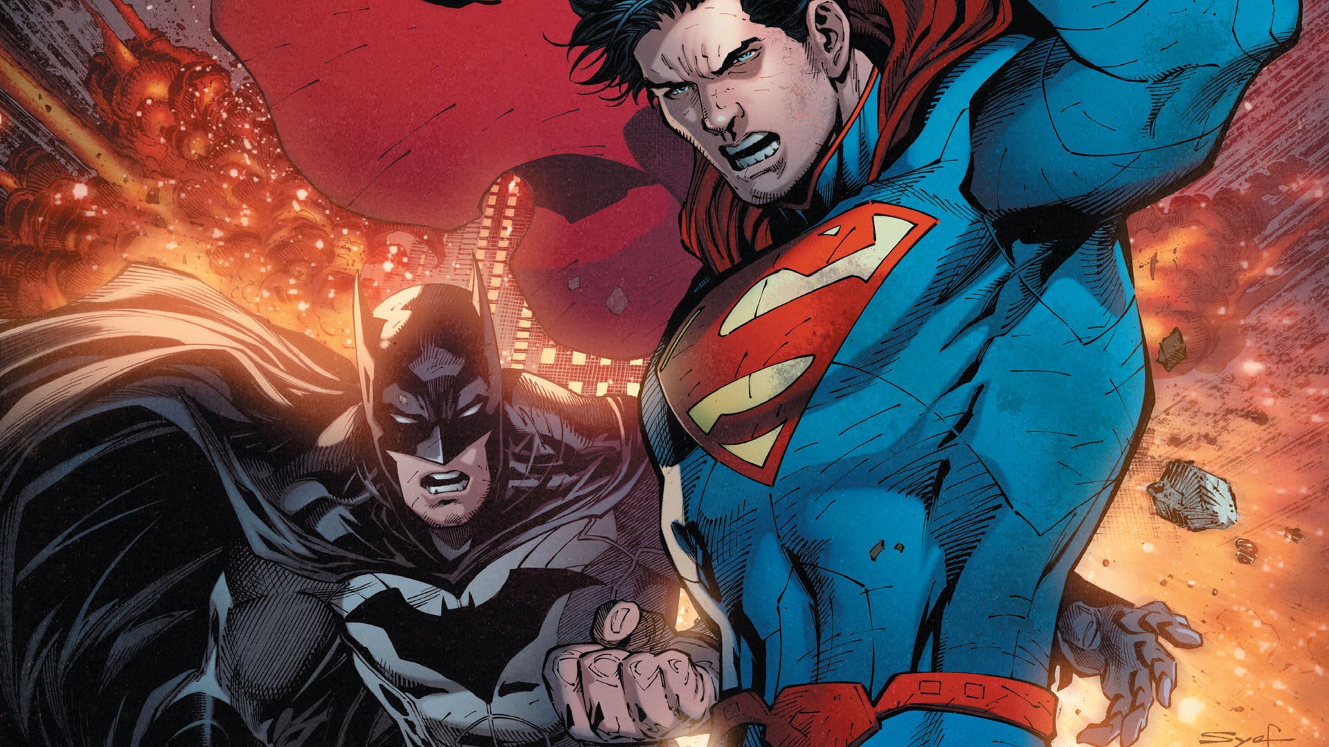 Batman and Superman in a fiery battle HD Wallpaper