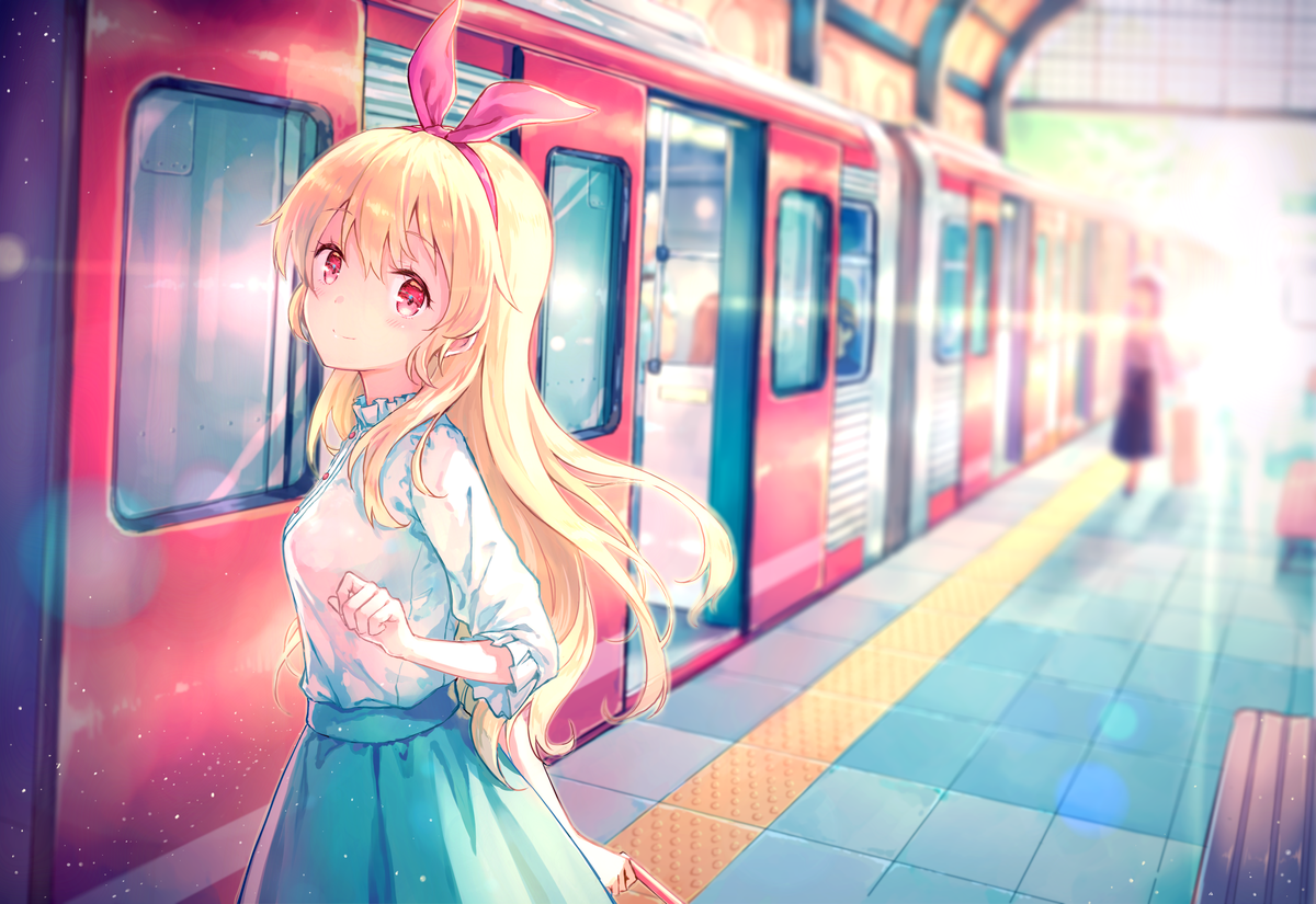 Anime girl with blonde hair at a train station HD Wallpaper