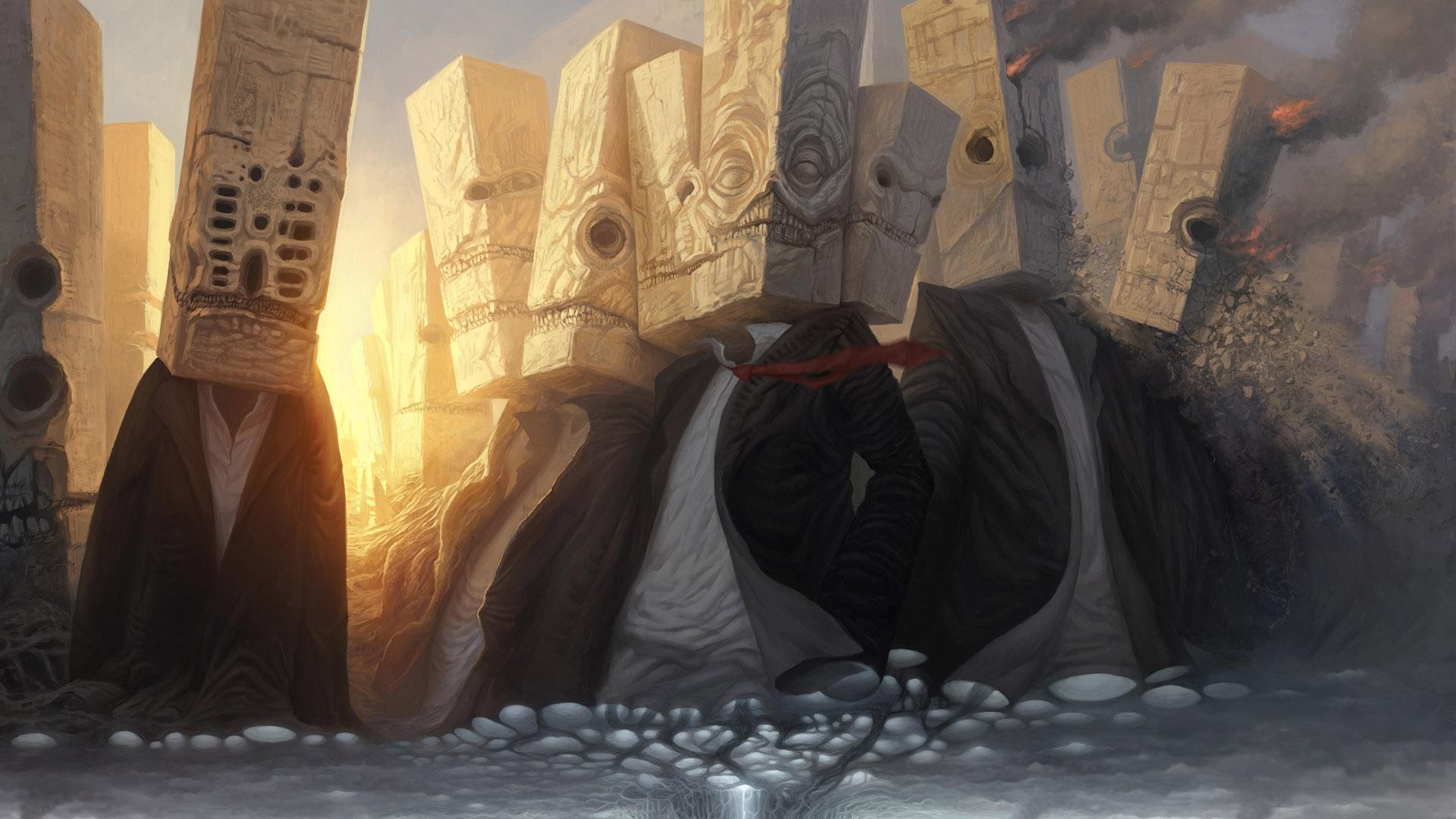 Fantasy art of figures with block heads and suits HD Wallpaper