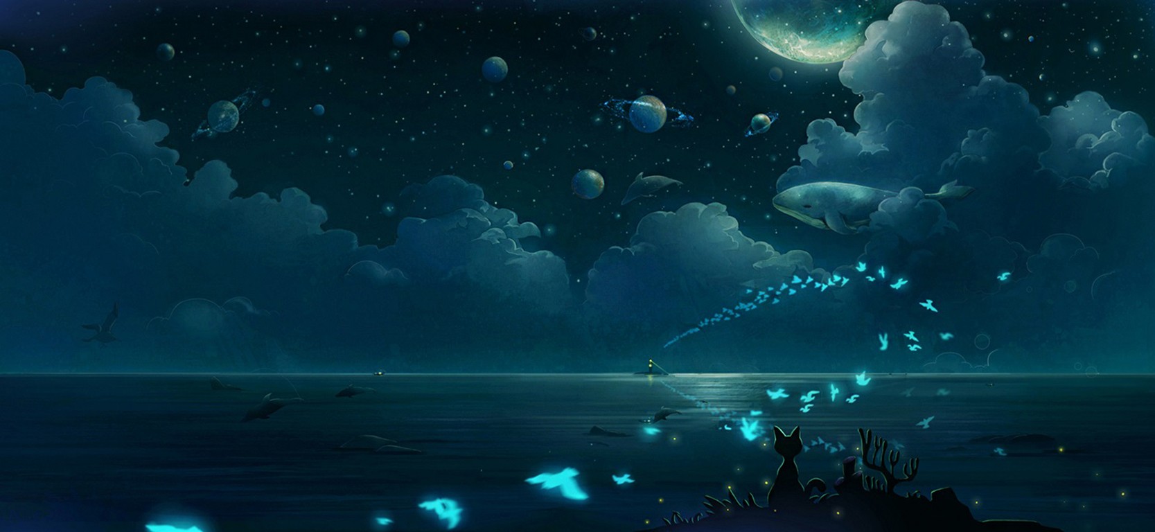Whale and birds in a starry night sky over the ocean HD Wallpaper