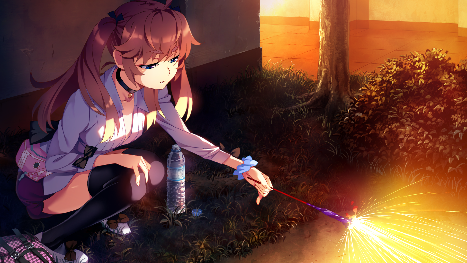 Anime girl with pigtails lighting a sparkler HD Wallpaper