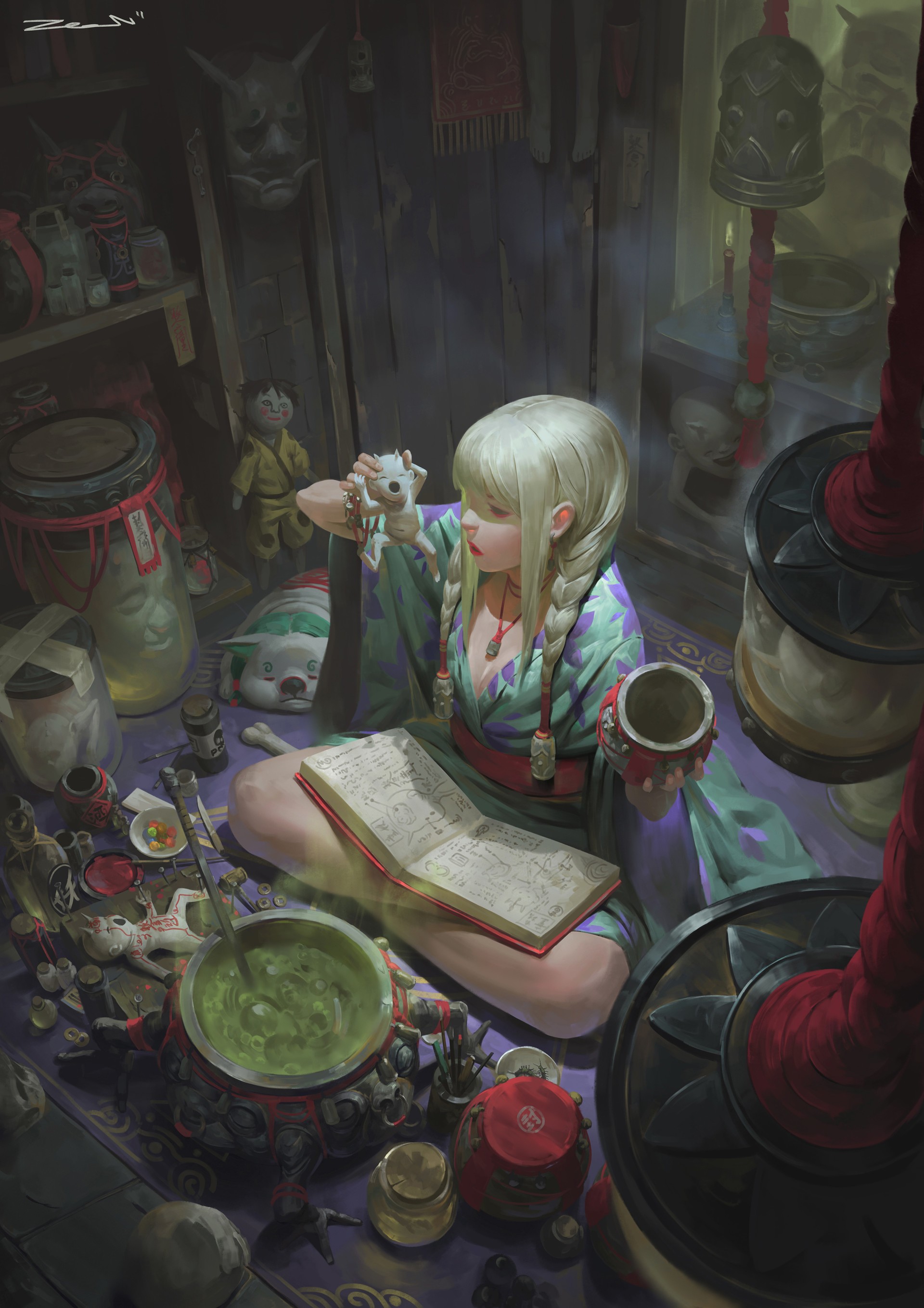 Fantasy girl with a doll in a cluttered room HD Wallpaper