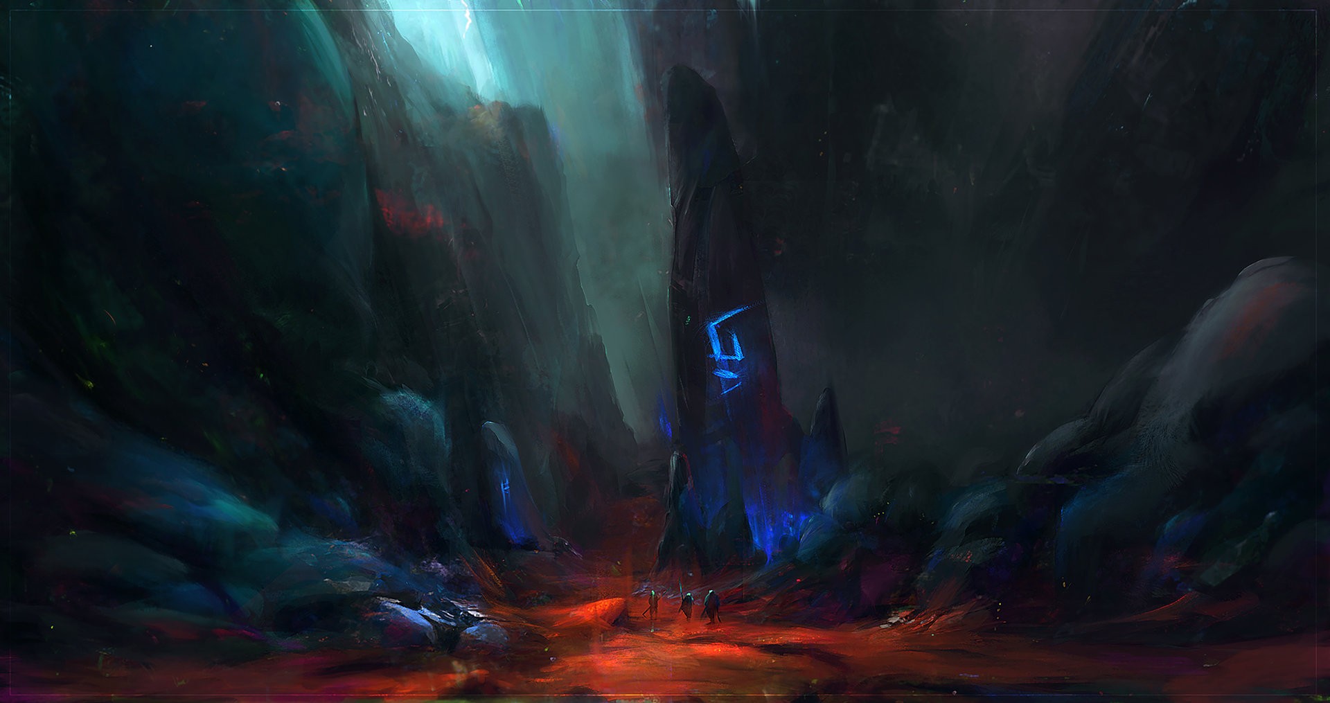 Fantasy art of a dark, rocky canyon with glowing blue symbols HD Wallpaper