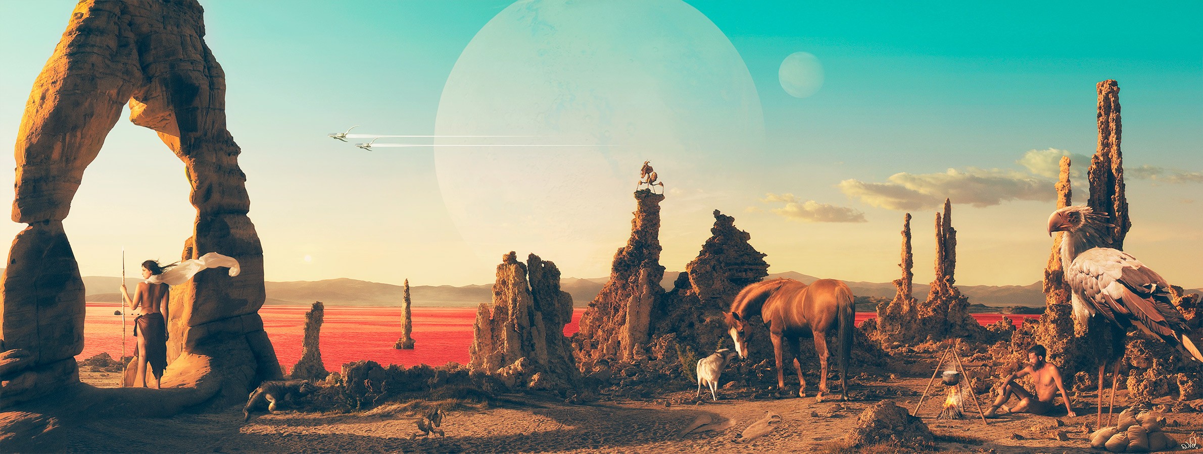 Fantasy art of an alien landscape with figures and animals HD Wallpaper
