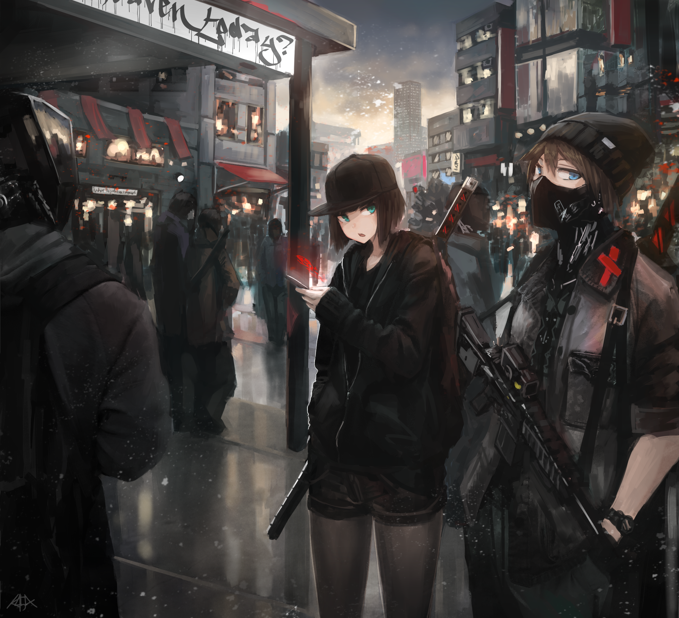 Anime girls with guns in a city at night HD Wallpaper