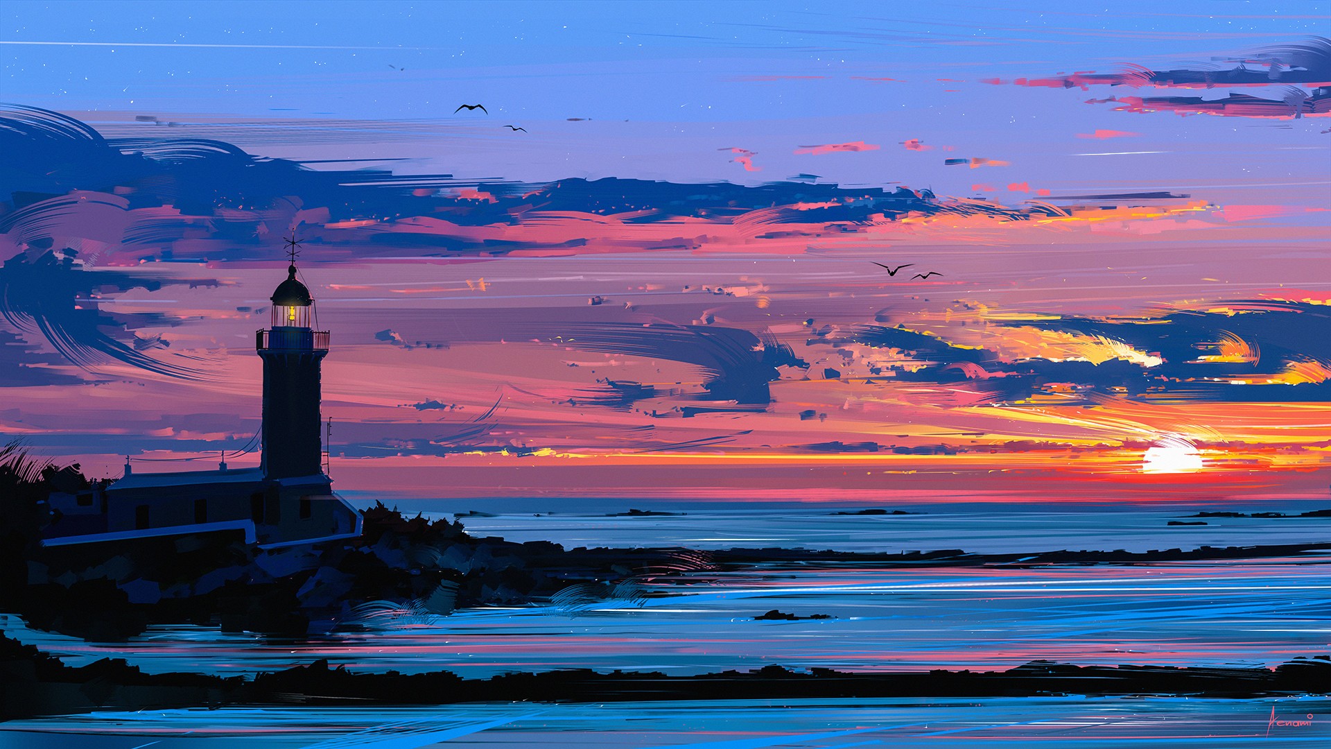 Lighthouse on a rocky coast at sunset, digital art HD Wallpaper