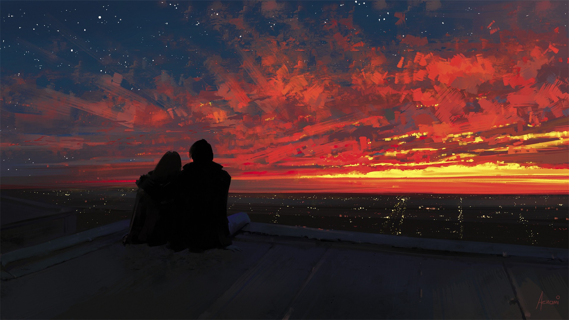 Couple watching a vibrant sunset over a city HD Wallpaper