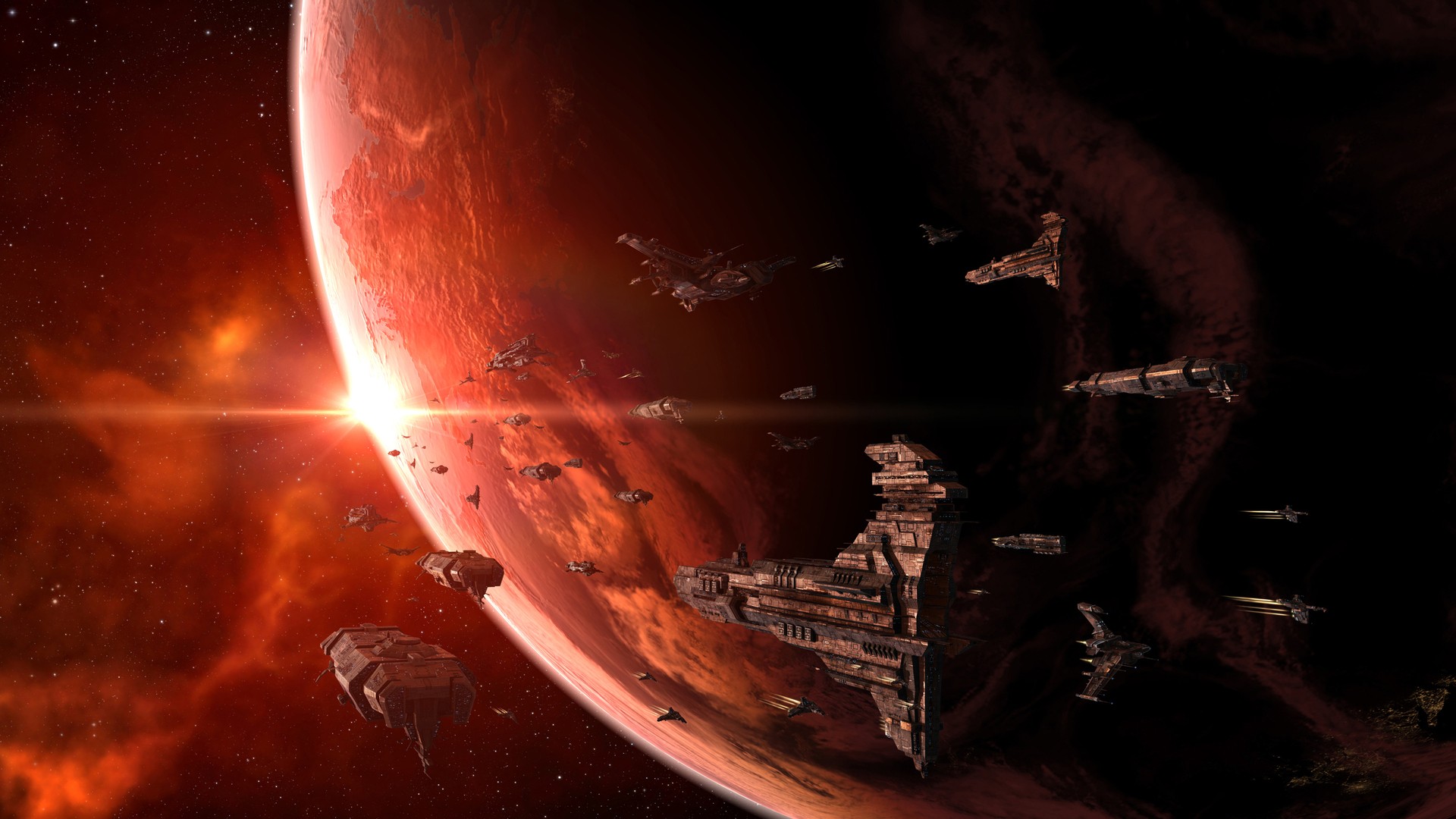 Caldari spaceships near a red planet in EVE Online HD Wallpaper