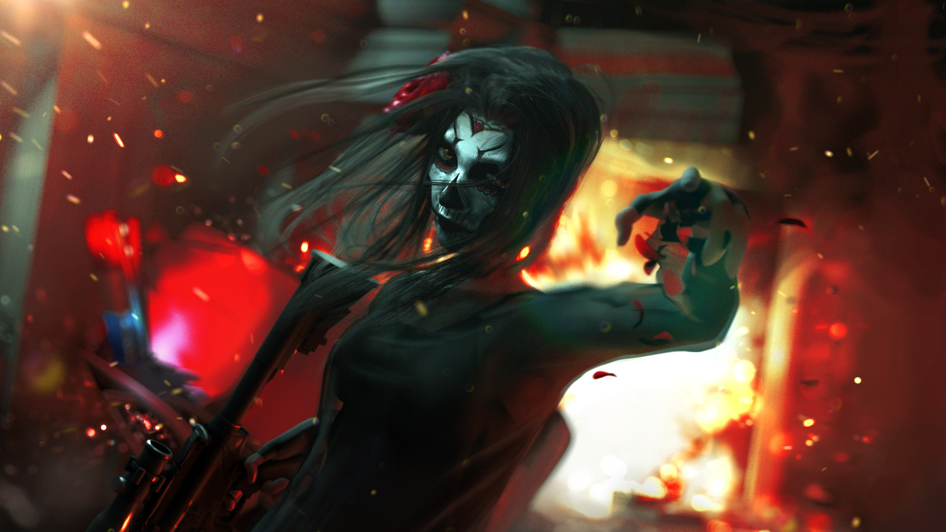 Woman with face paint holding a gun amidst fire HD Wallpaper
