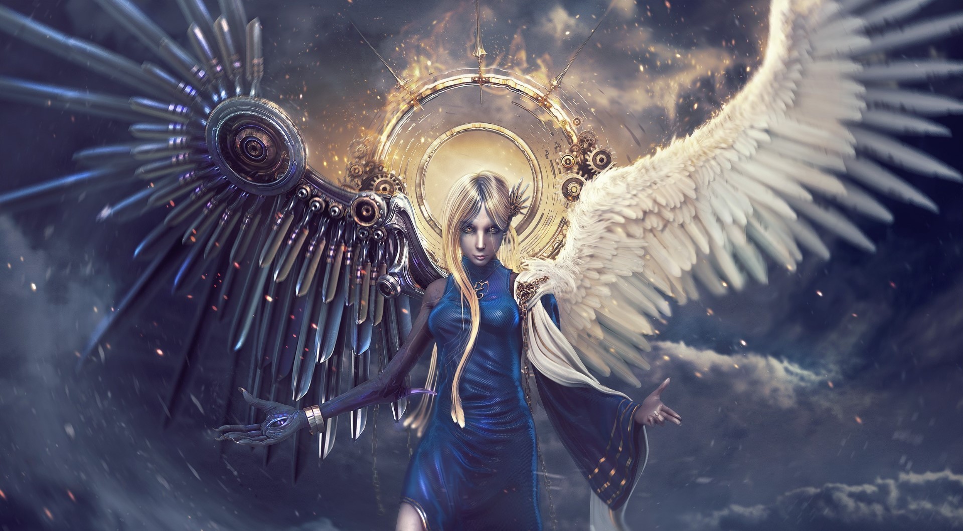 Fantasy girl with mechanical and feathered wings HD Wallpaper