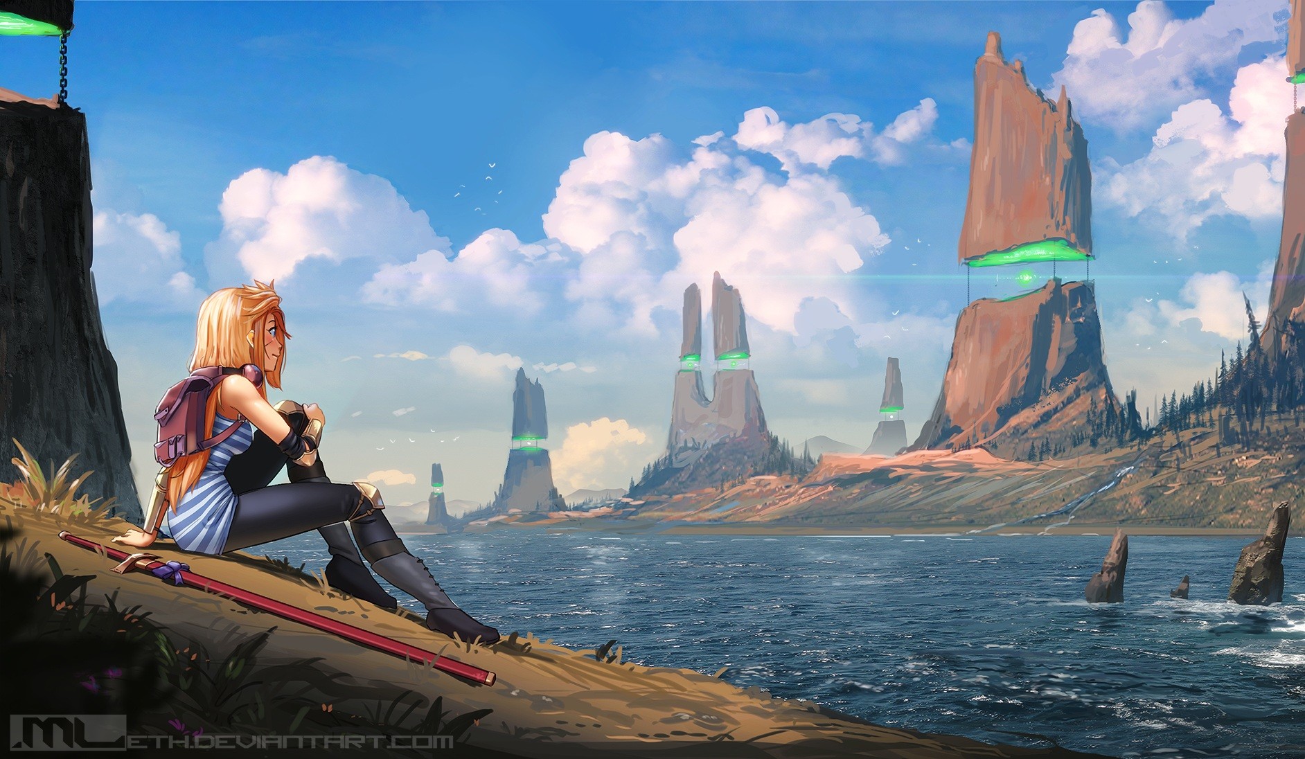 Anime girl with blonde hair and sword by the water HD Wallpaper