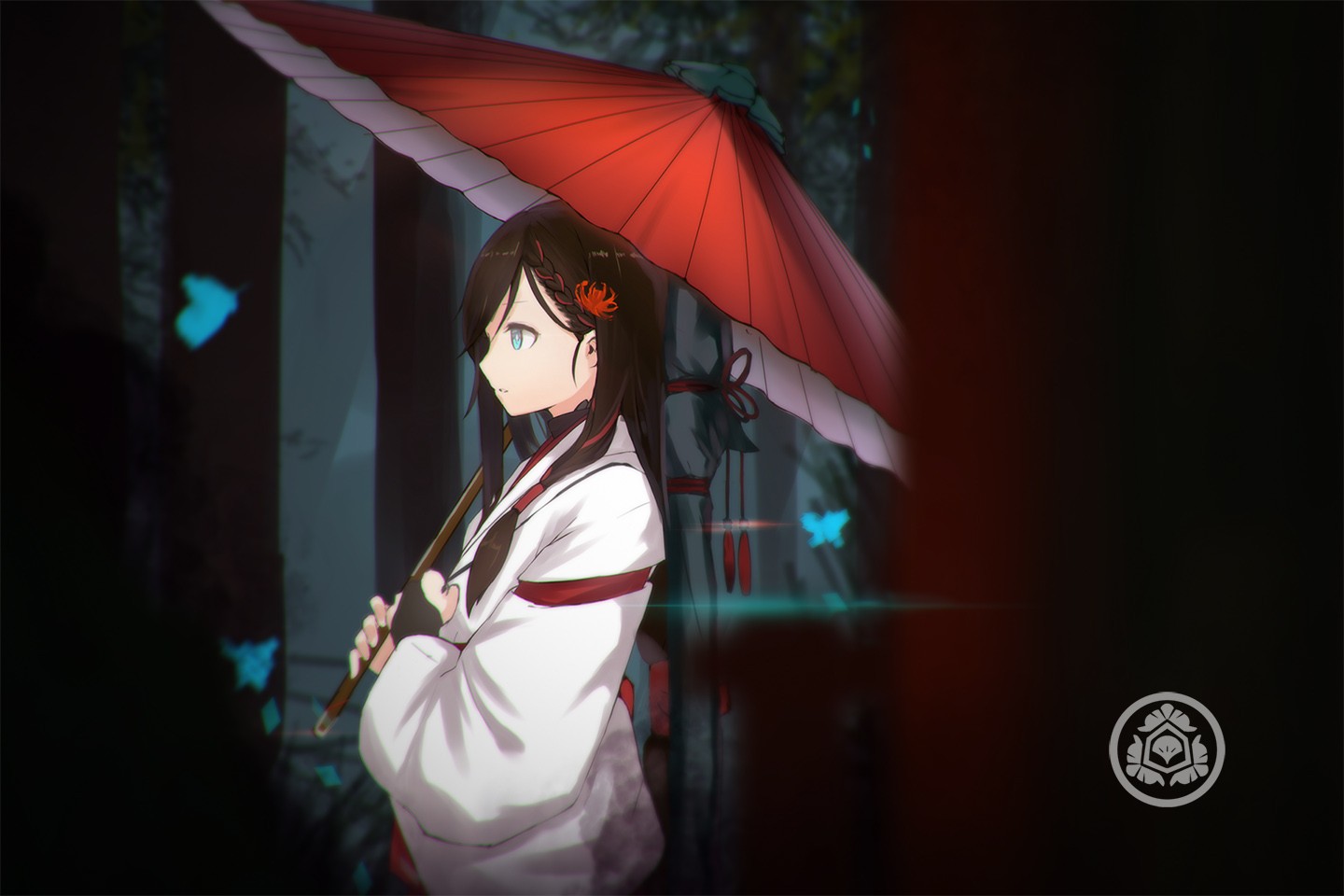 Anime girl with blue eyes and kimono holding umbrella HD Wallpaper