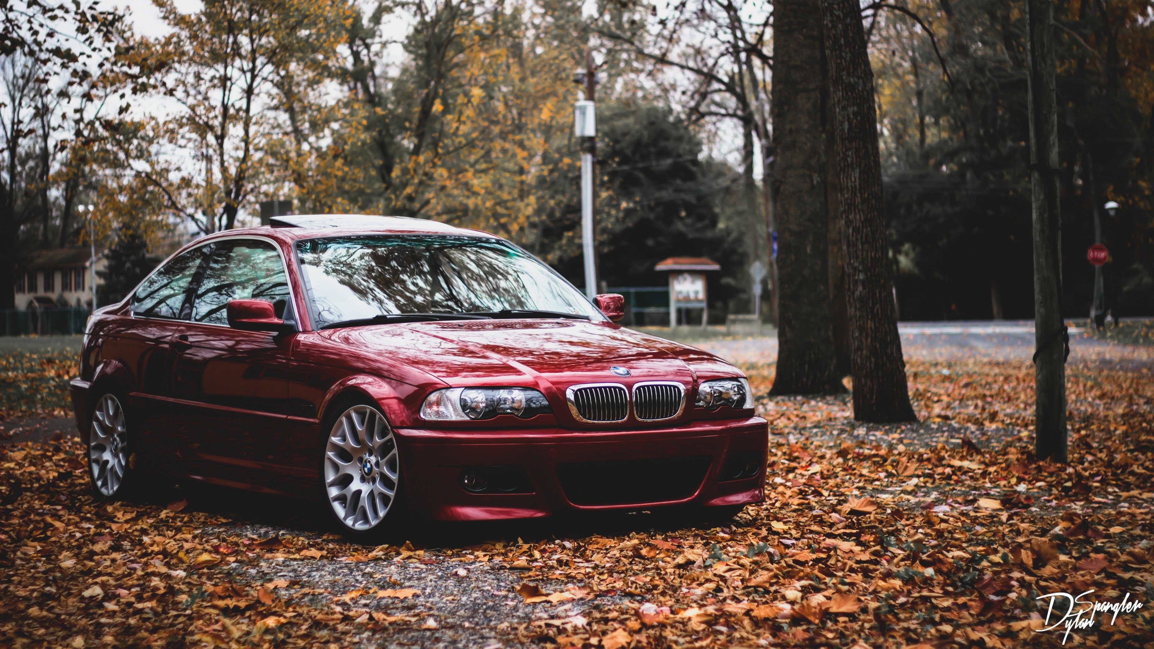 Red BMW E46 coupe parked on autumn leaves HD Wallpaper