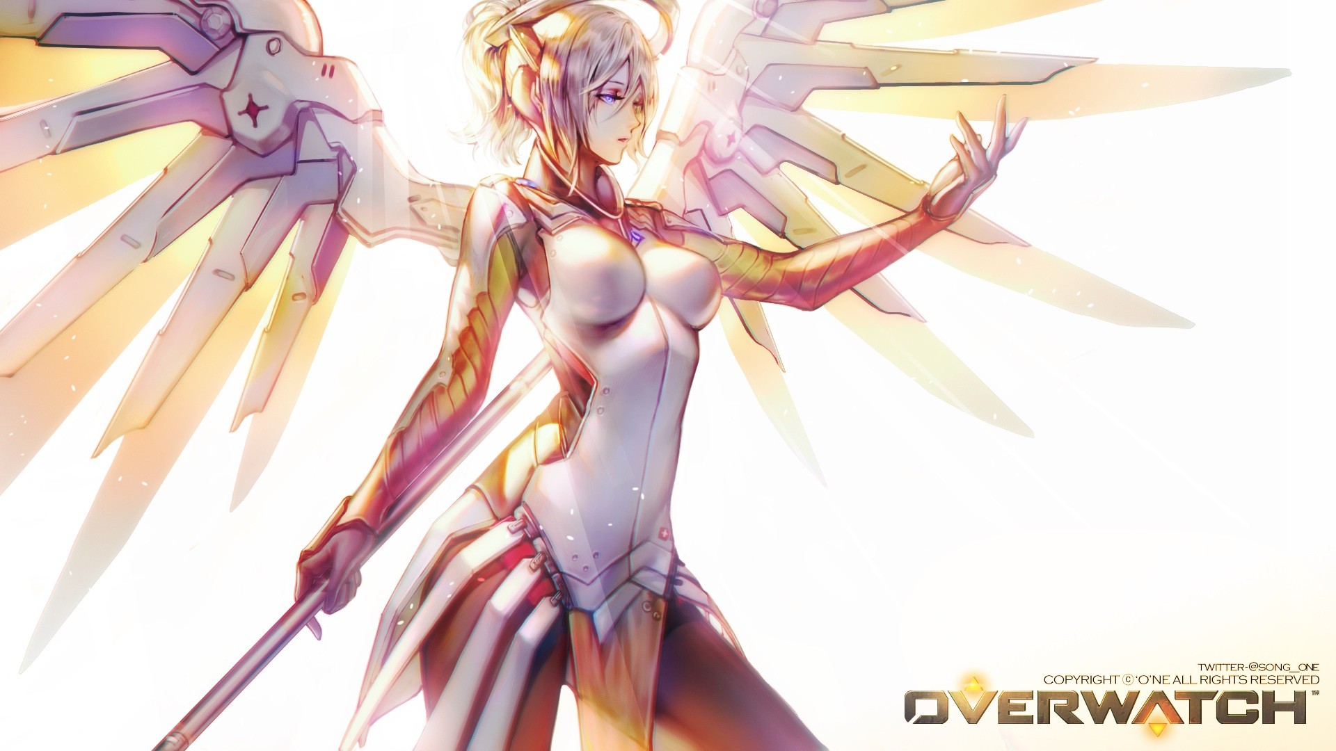 Mercy from Overwatch with large wings HD Wallpaper