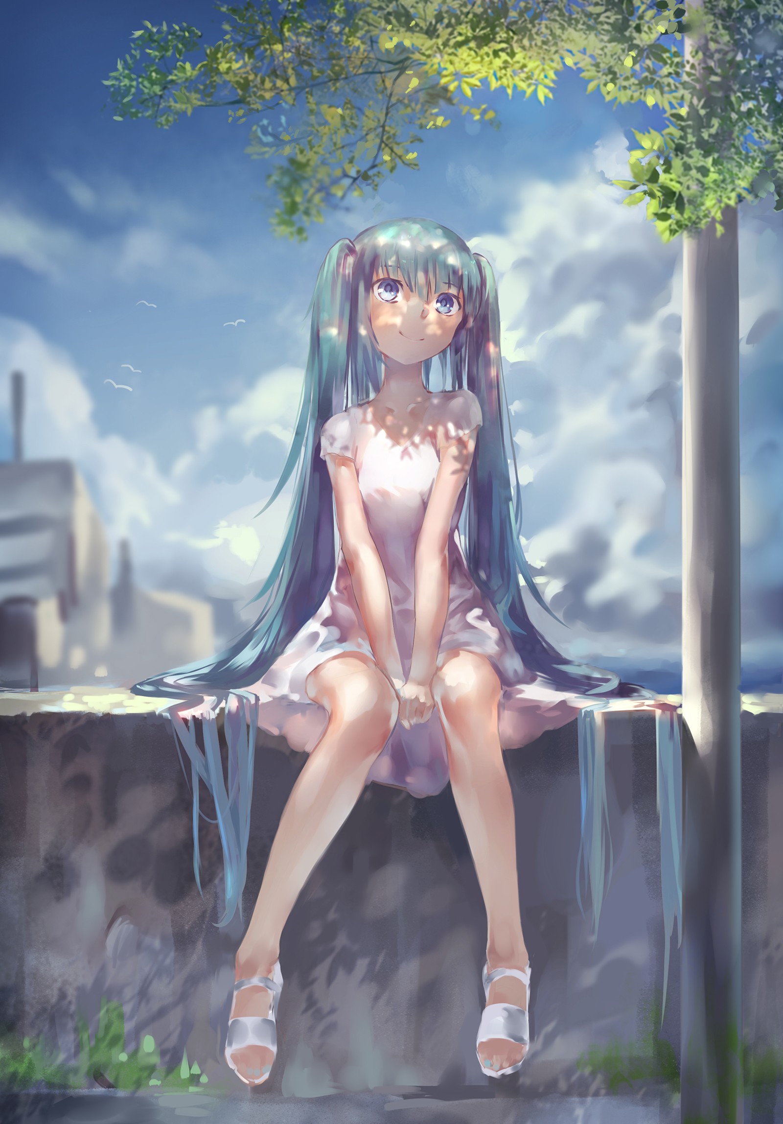 Hatsune Miku sitting on a wall under a tree HD Wallpaper