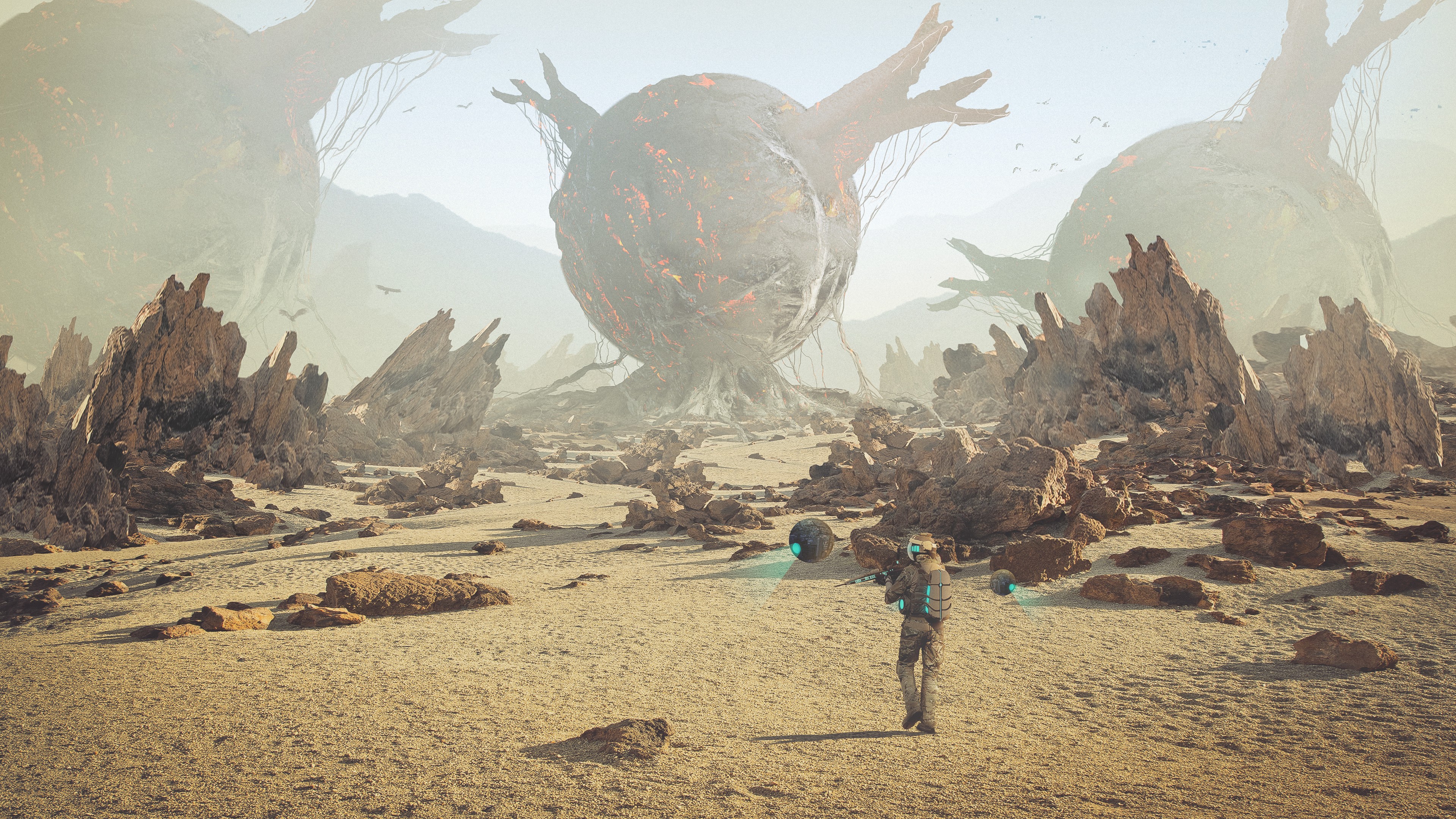 Futuristic soldier on an alien planet with giant trees HD Wallpaper
