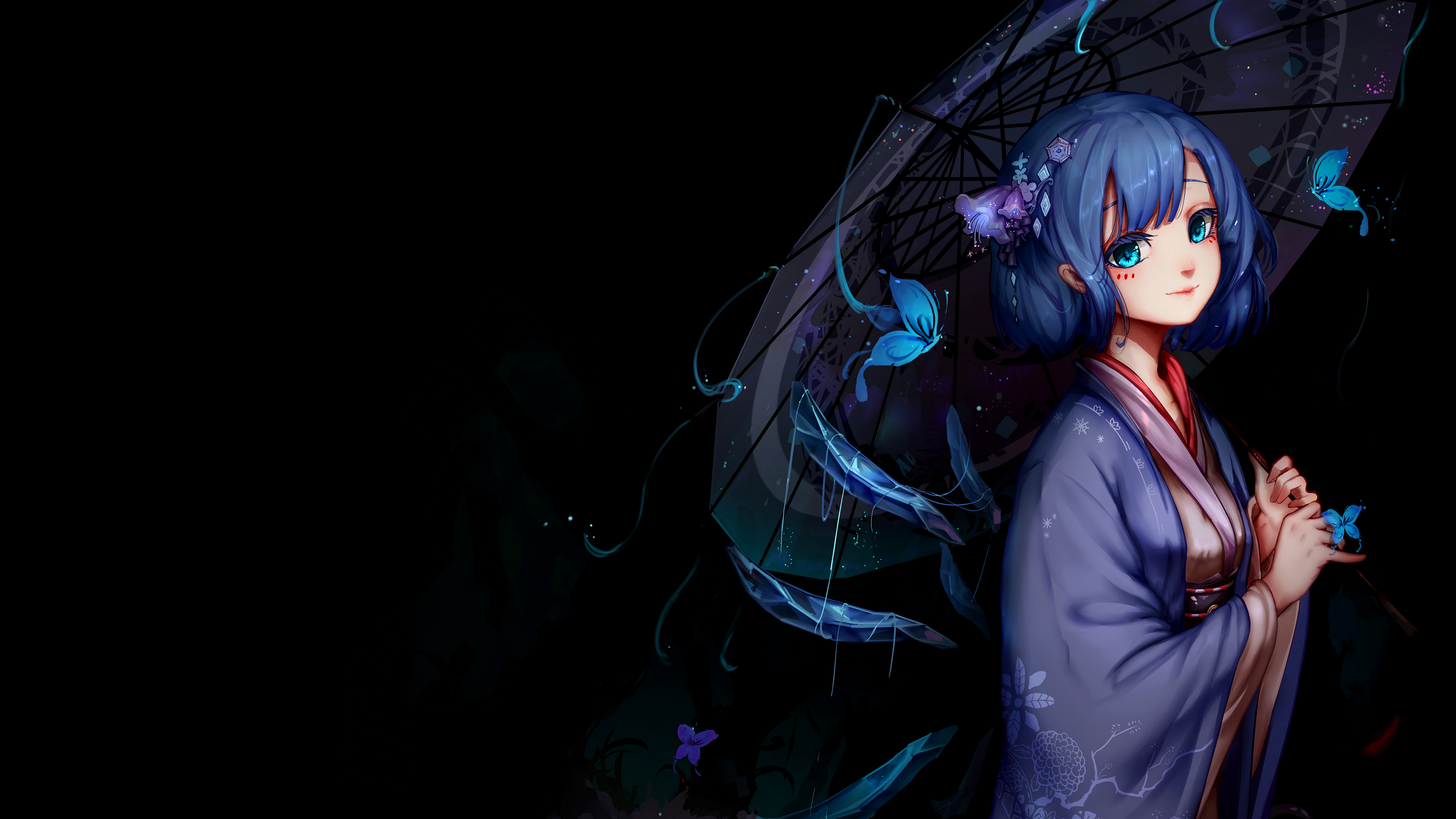 Anime girl with blue hair and umbrella HD Wallpaper