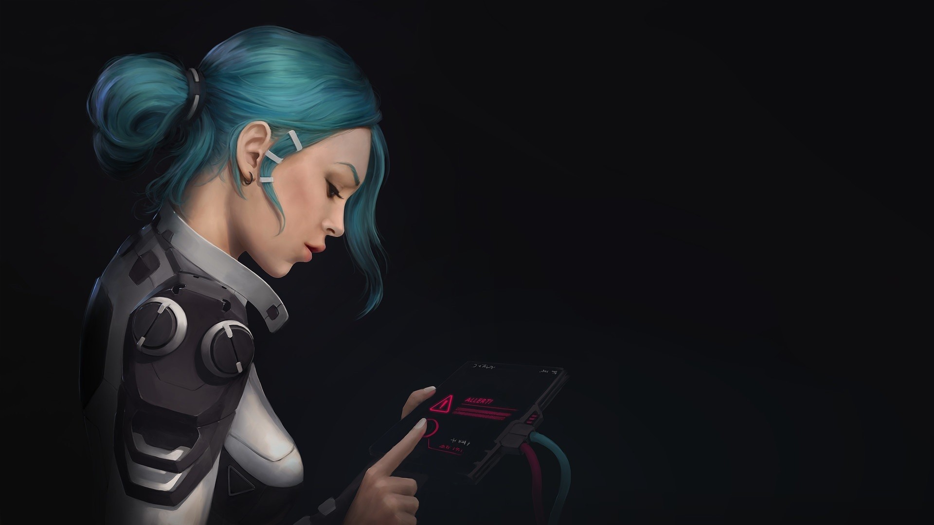 Woman with blue hair looking at a futuristic tablet HD Wallpaper
