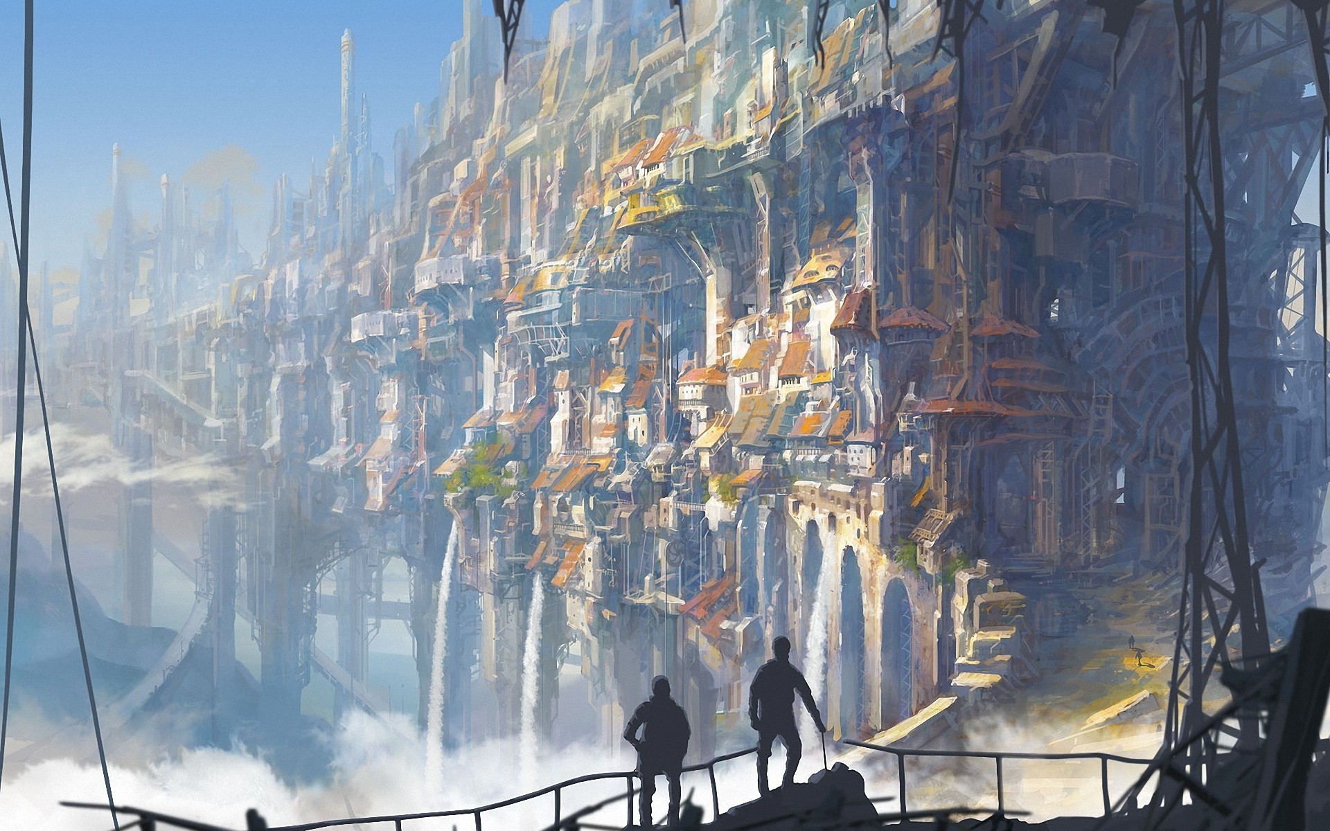 Fantasy city built on cliffs with waterfalls HD Wallpaper