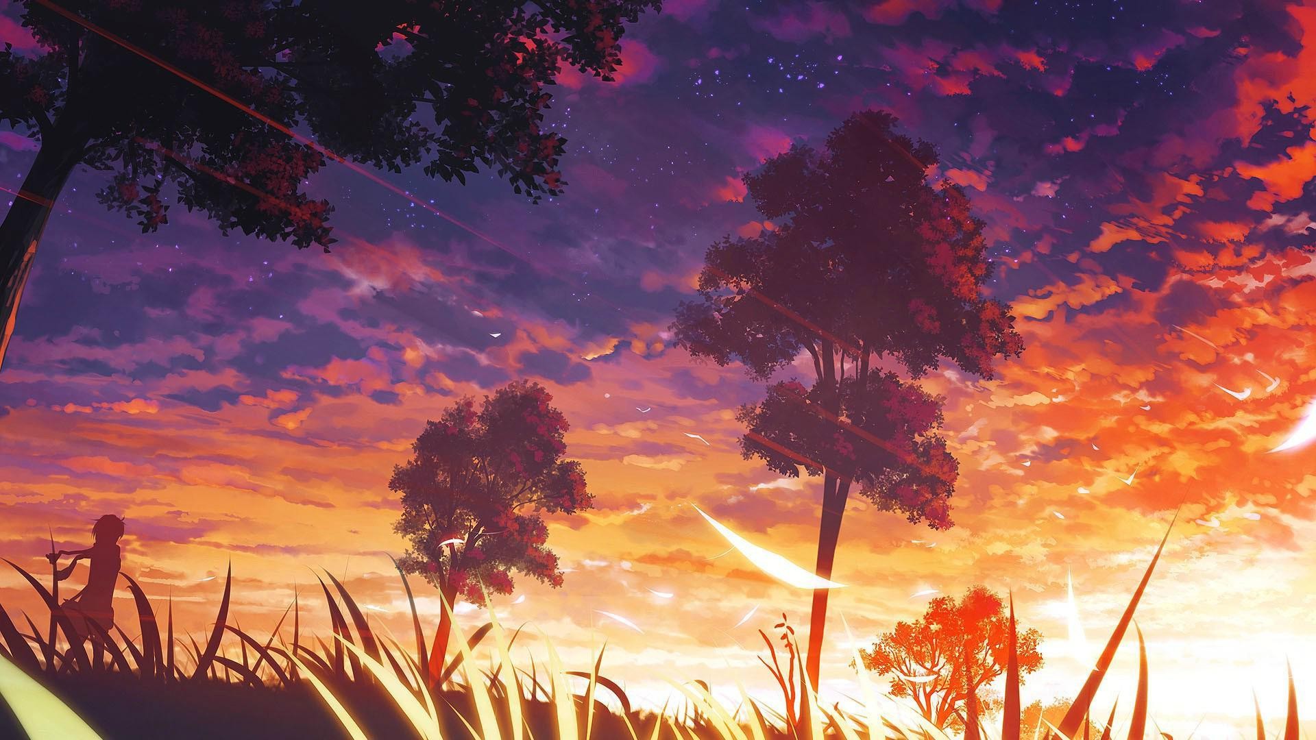 Anime landscape with trees and sunset sky HD Wallpaper