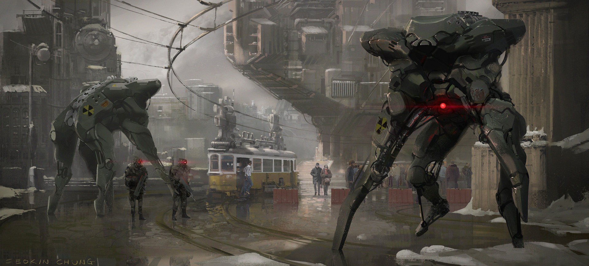Science fiction artwork with robots and soldiers HD Wallpaper