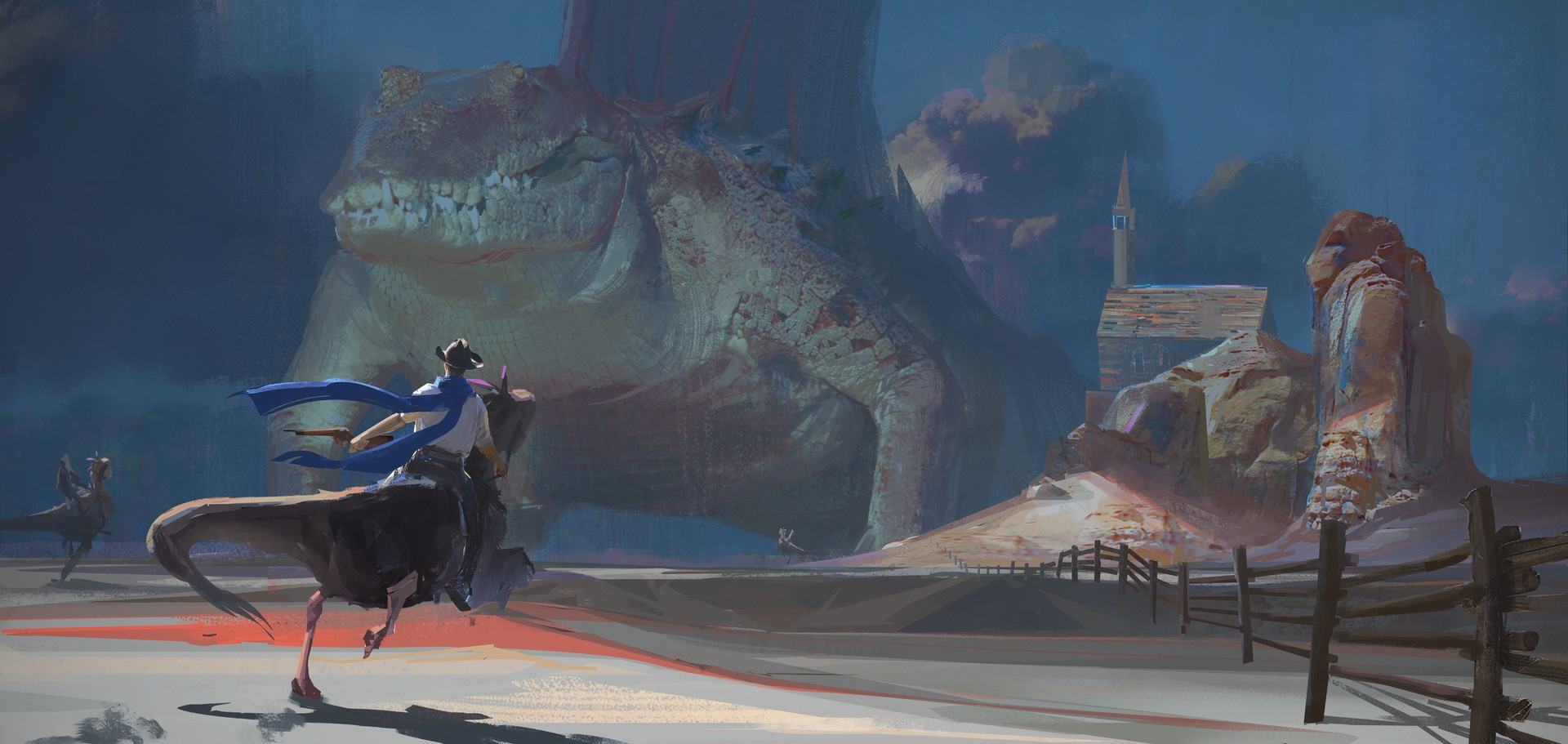 Cowboys riding dinosaurs with a giant dinosaur in the background HD Wallpaper