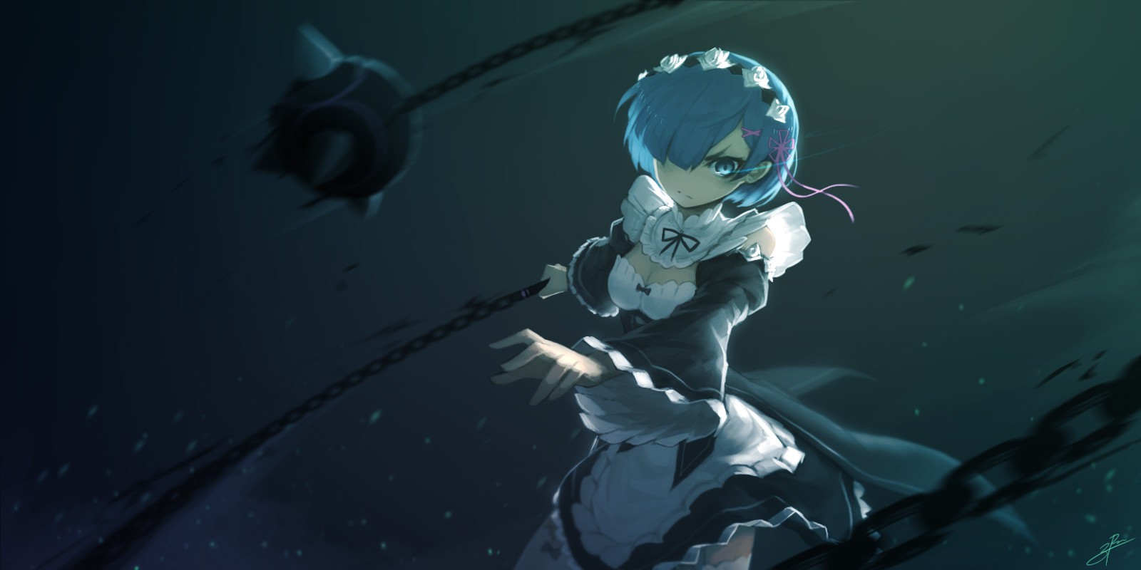 Rem from Re:Zero wielding a flail HD Wallpaper