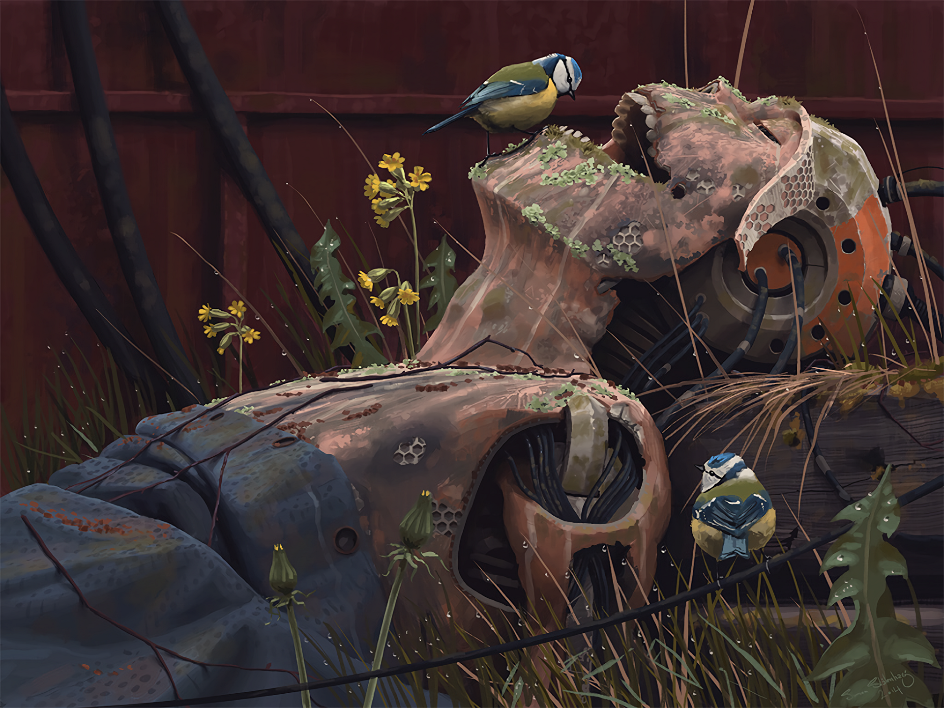 Simon Stålenhag's artwork of a rusty robot with birds and flowers HD Wallpaper