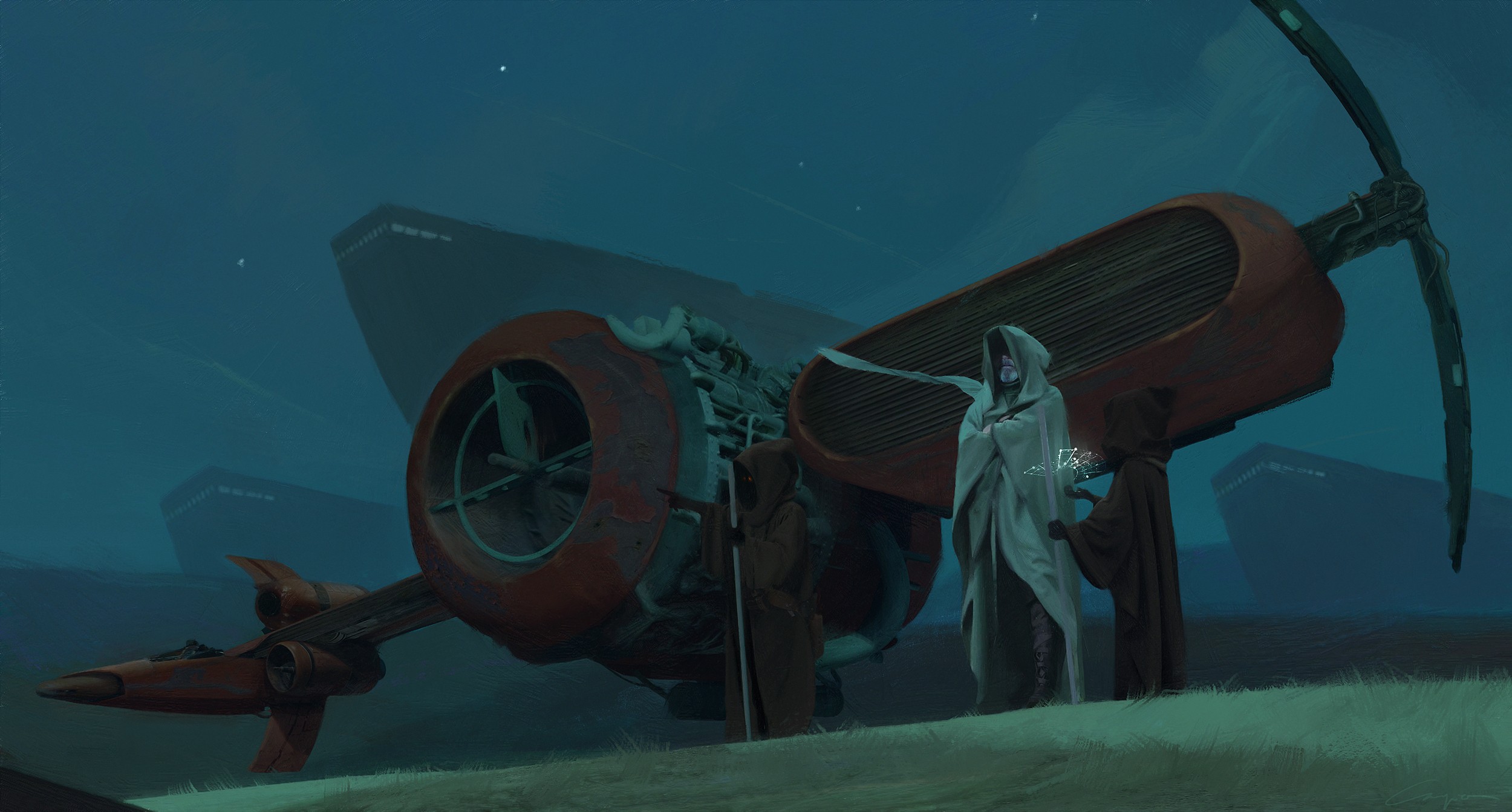 Star Wars Jedi with a spaceship and large ships in background HD Wallpaper