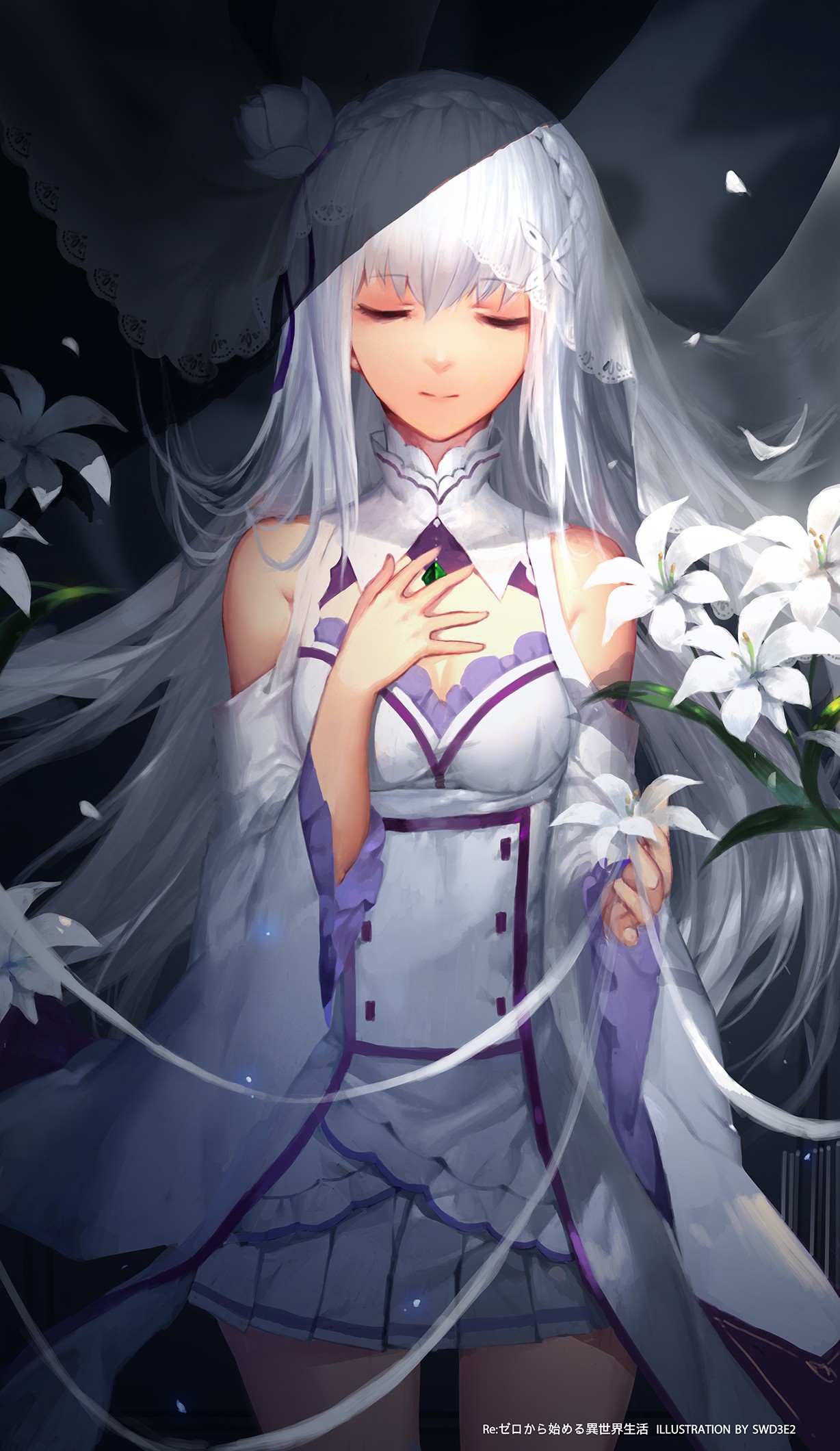 Emilia from Re:Zero with white lilies HD Wallpaper
