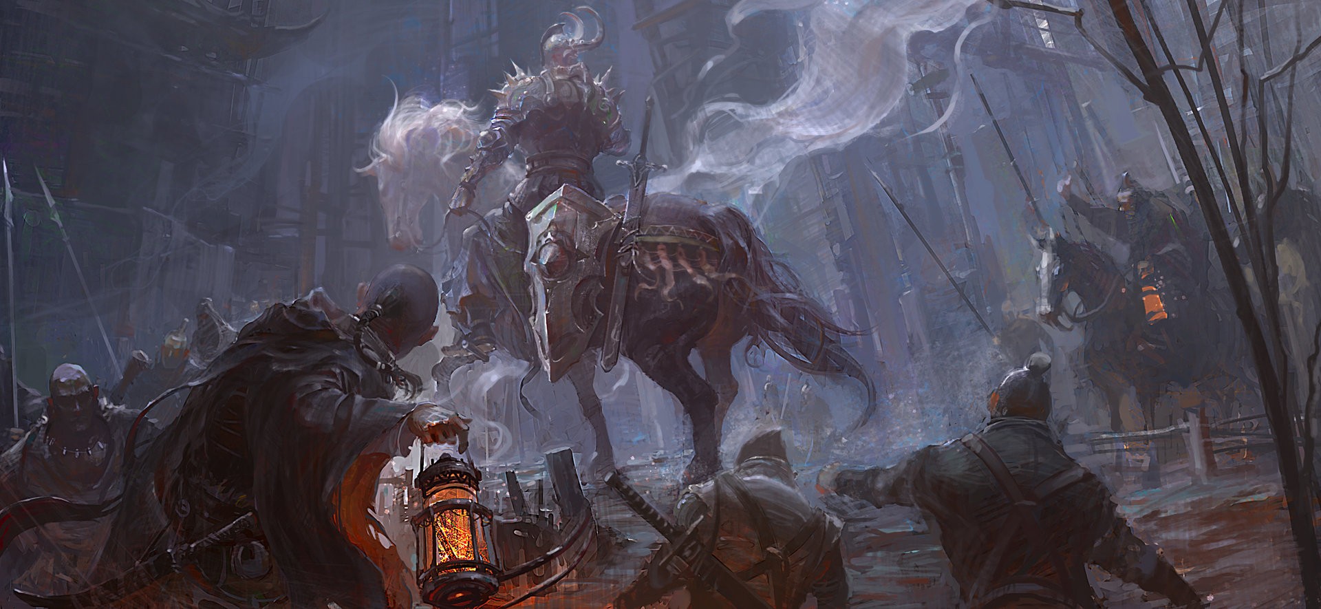 Knight on horseback leads a procession in a dark city HD Wallpaper