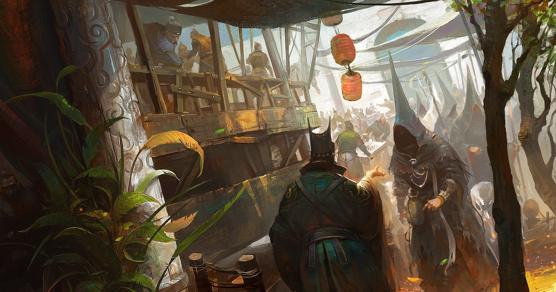 Fantasy marketplace with hooded figures and merchants HD Wallpaper
