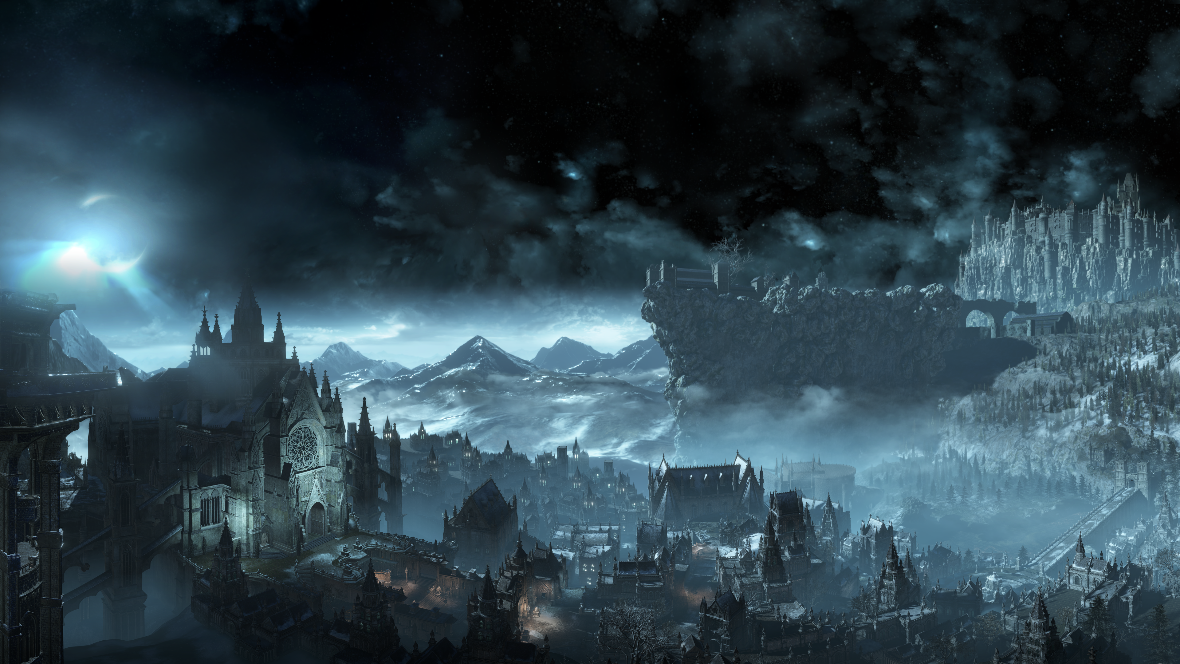 Dark Souls III Irithyll cityscape with mountains and moon HD Wallpaper