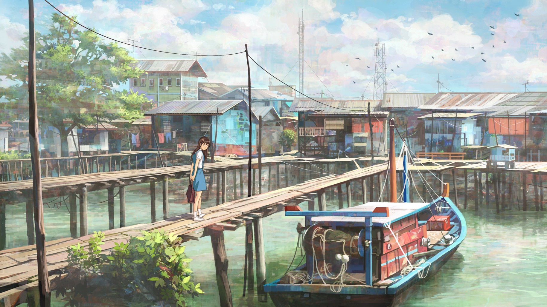 Anime girl on a wooden pier with a boat HD Wallpaper