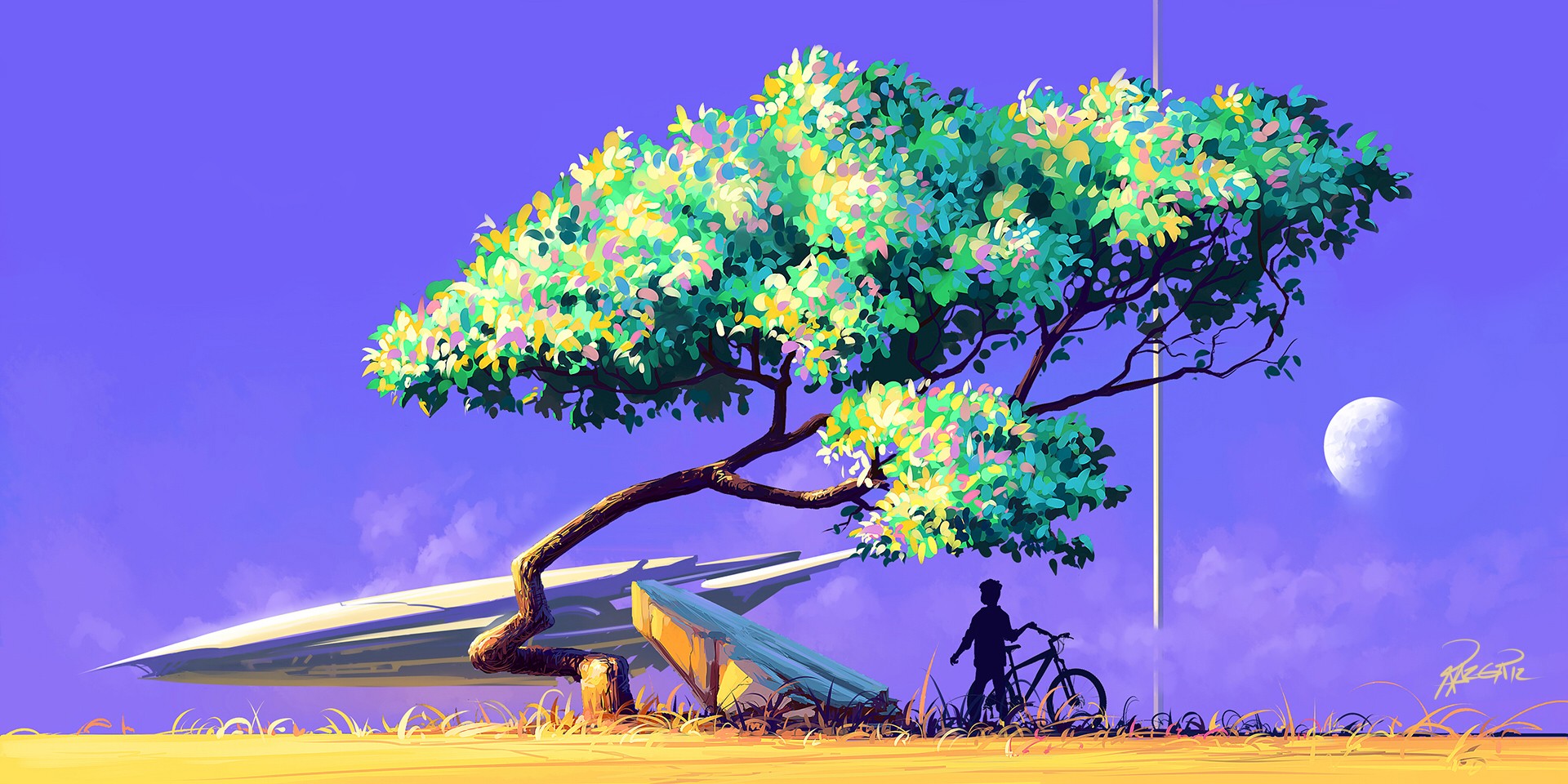 Silhouette of a person with a bicycle under a tree with a spaceship HD Wallpaper