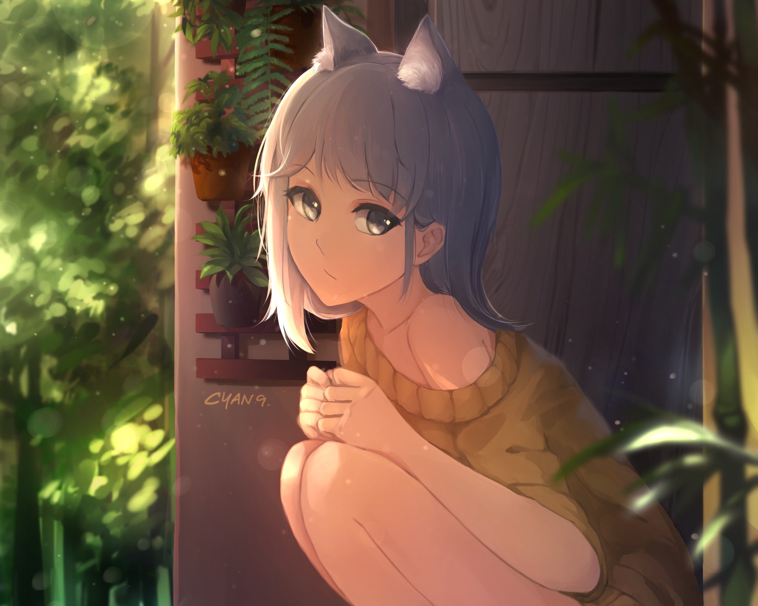 Anime girl with gray hair and animal ears HD Wallpaper