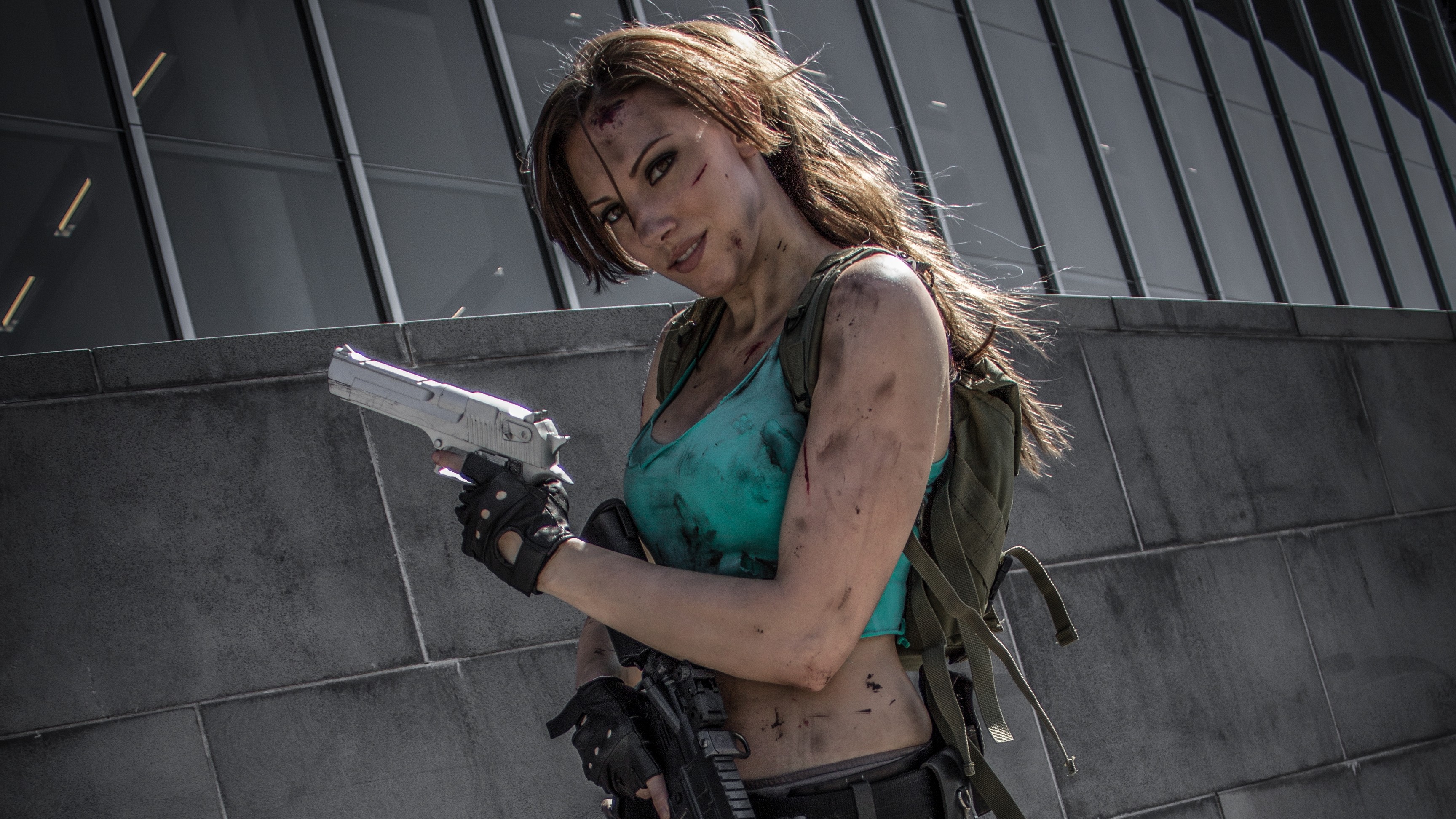 Lara Croft cosplay with guns HD Wallpaper
