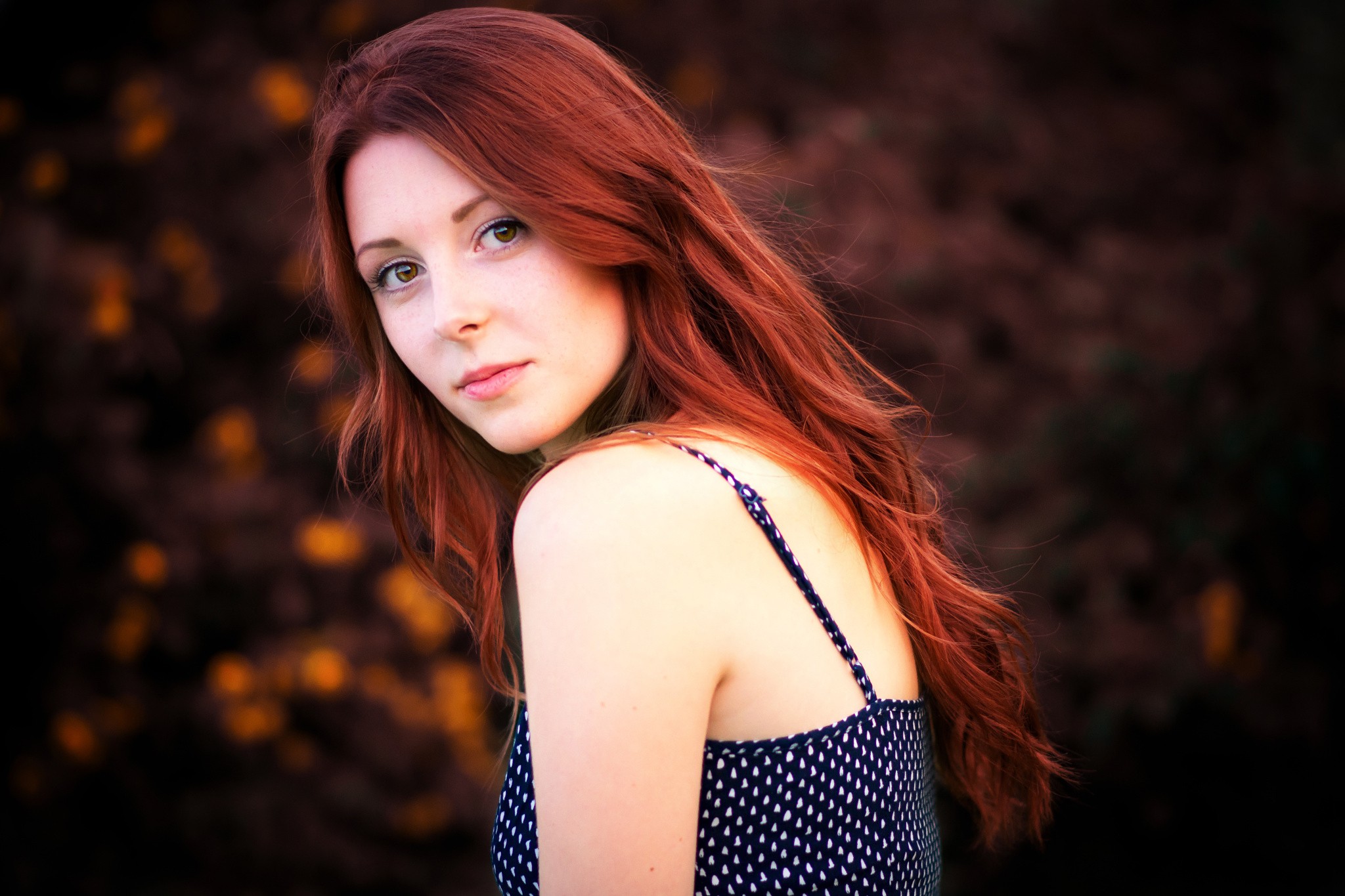 Redhead woman with long hair looking at viewer HD Wallpaper