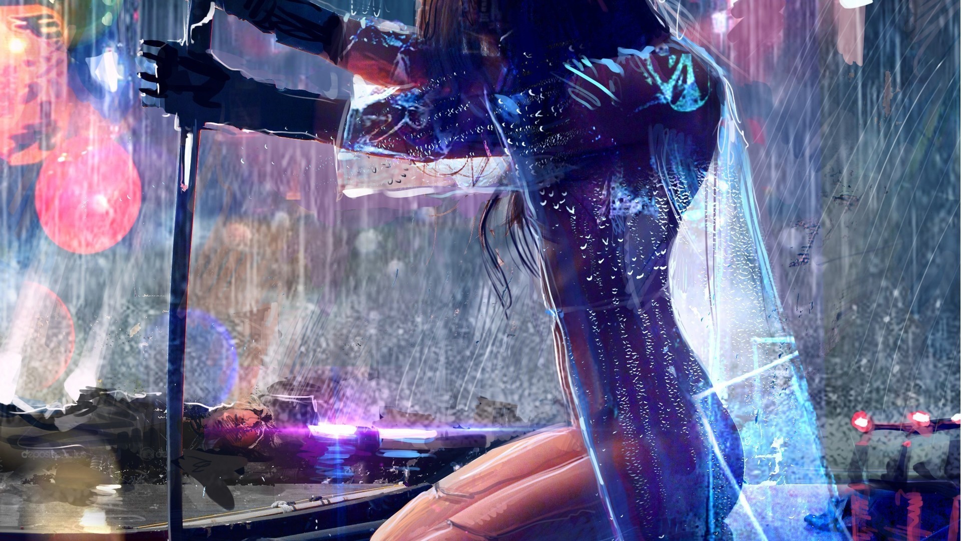 Cyberpunk woman with sword in the rain HD Wallpaper