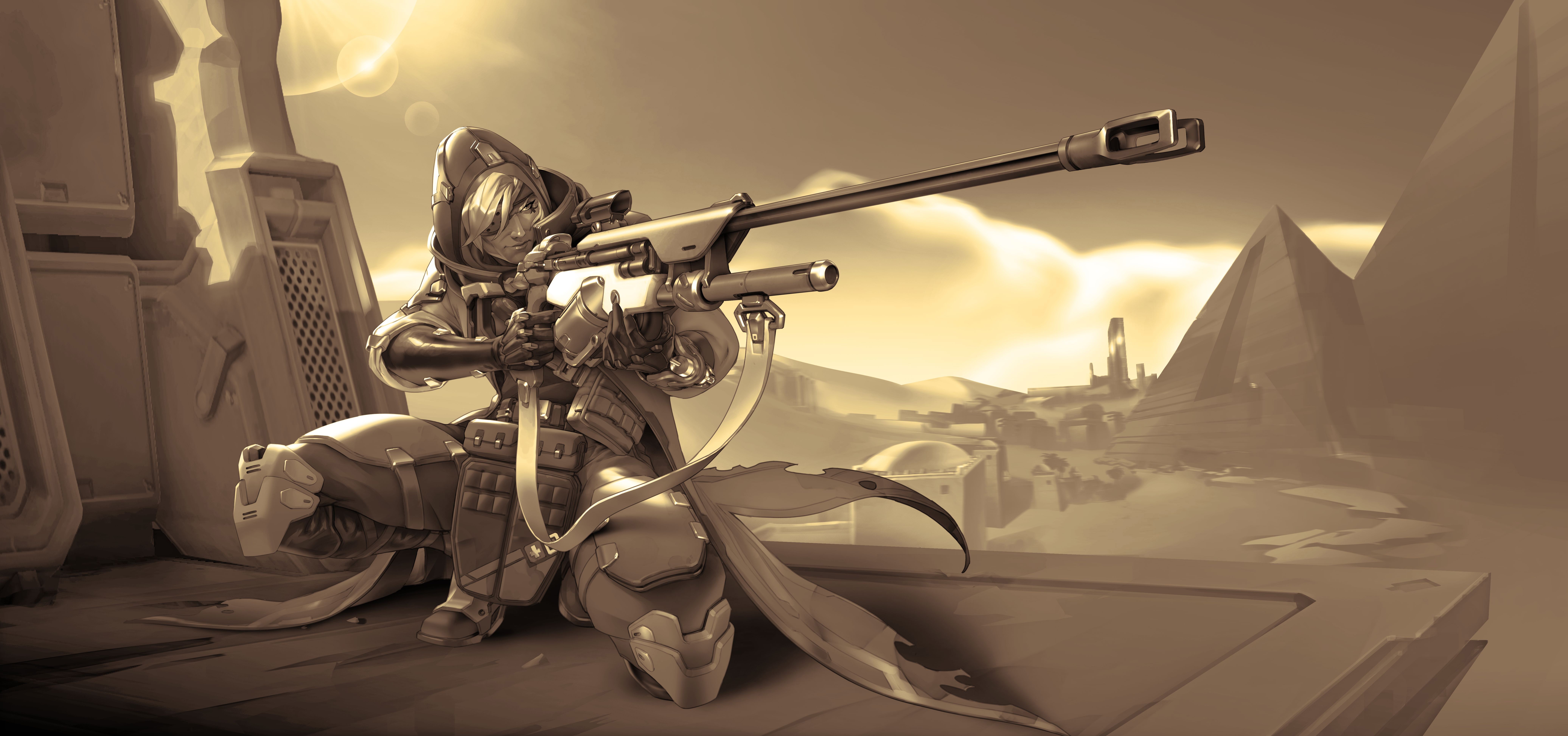 Ana from Overwatch aiming a sniper rifle in a desert HD Wallpaper