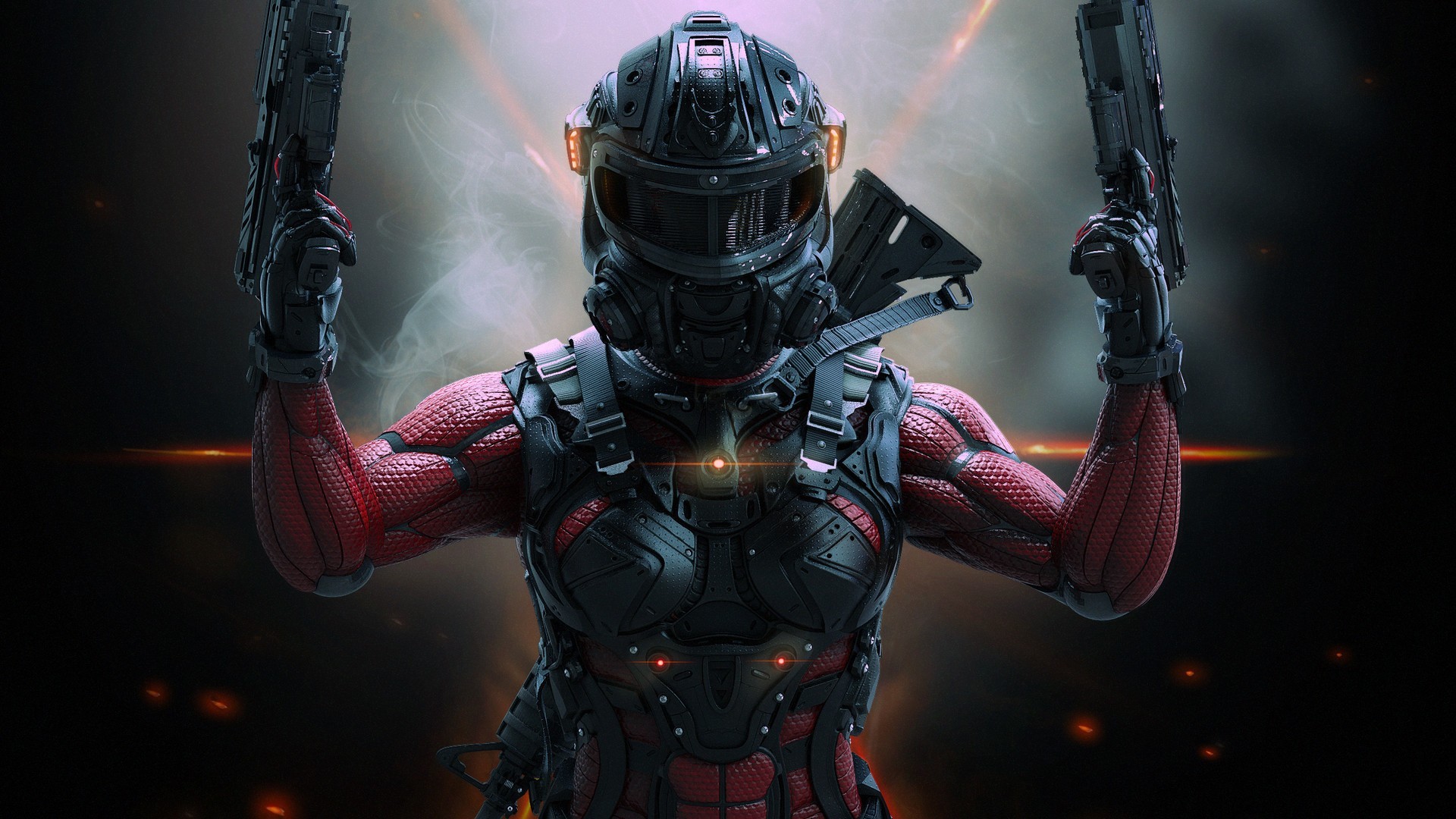 Sci-fi soldier with dual pistols and helmet HD Wallpaper