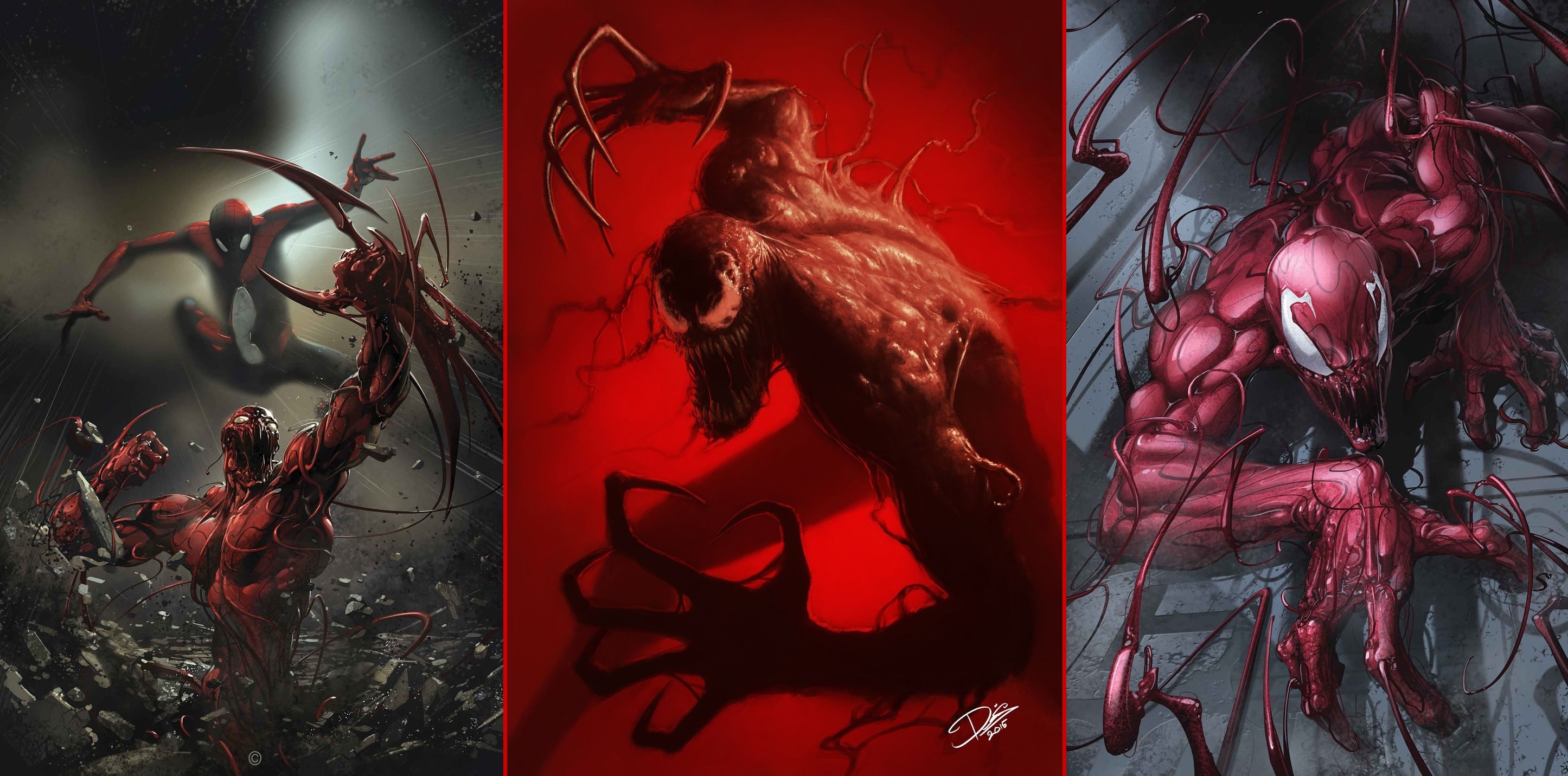 Carnage and Spider-Man in a comic art collage HD Wallpaper