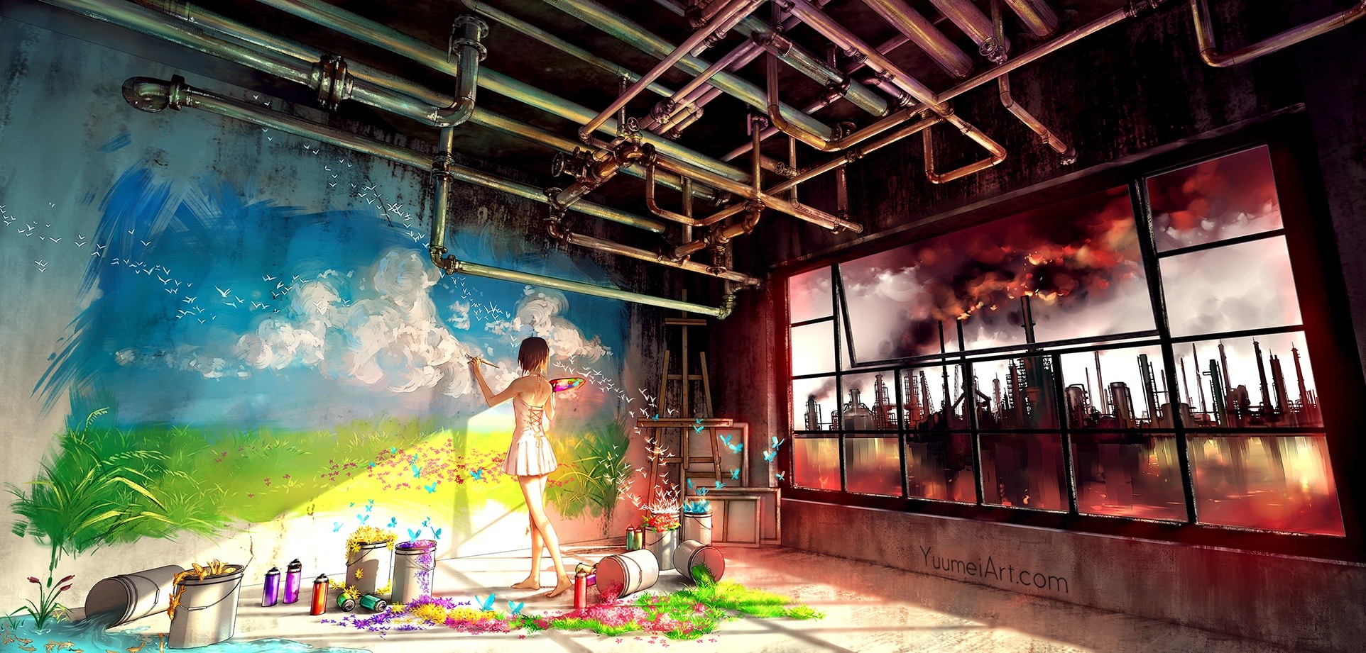 Anime girl painting a landscape mural in an industrial room HD Wallpaper