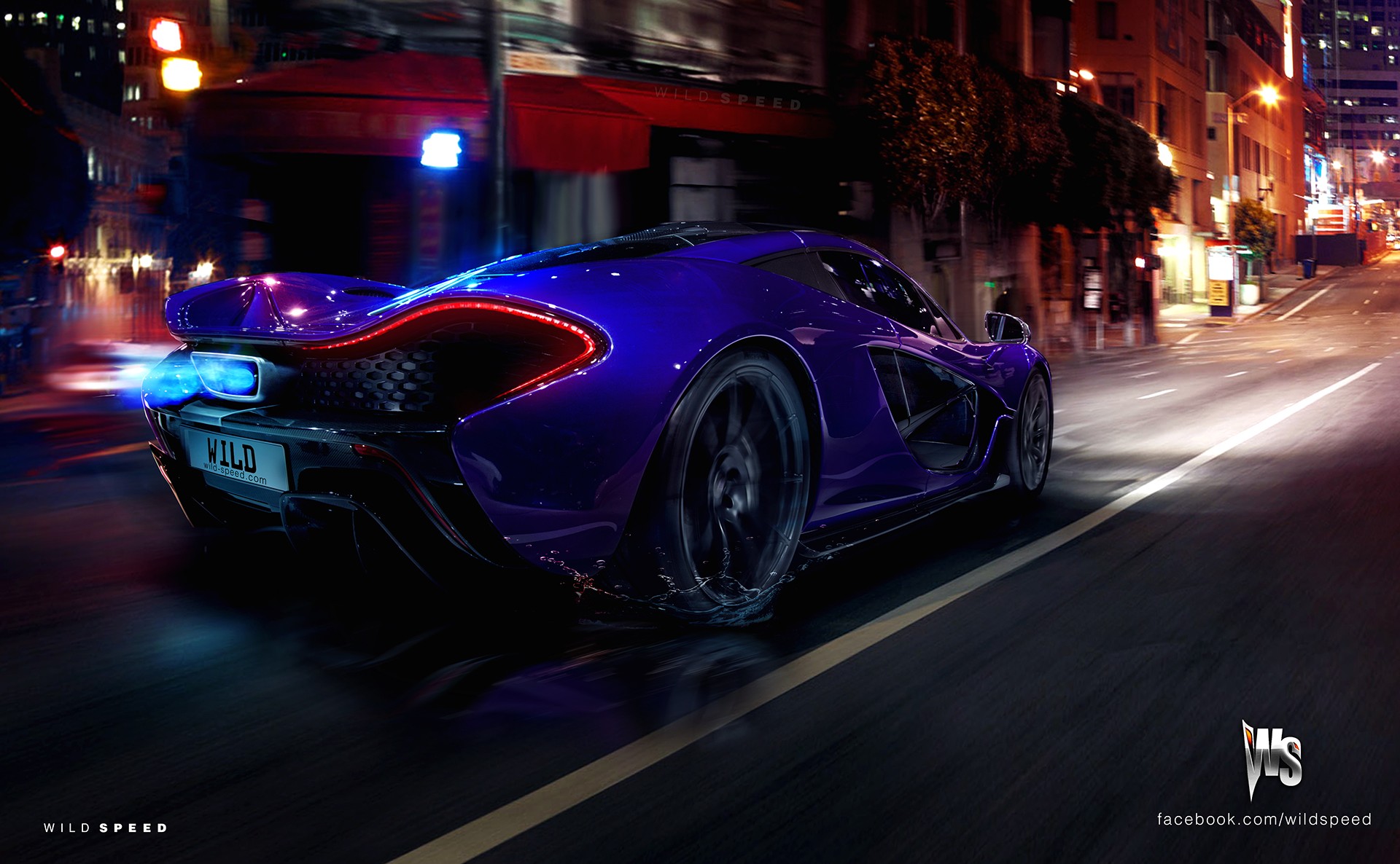 Blue McLaren P1 racing down a city street at night HD Wallpaper