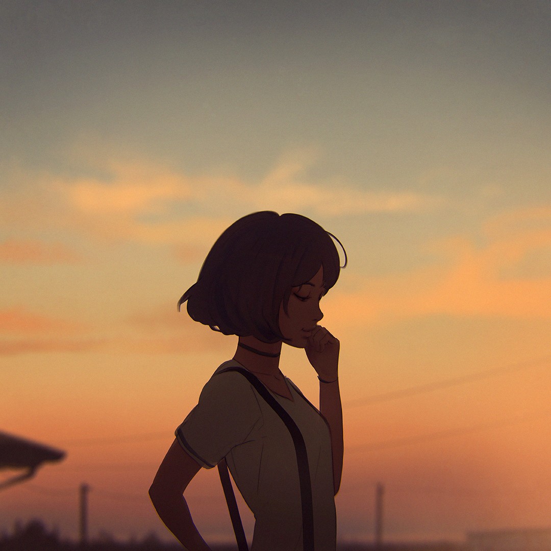 Artwork by Ilya Kuvshinov of a girl at sunset HD Wallpaper