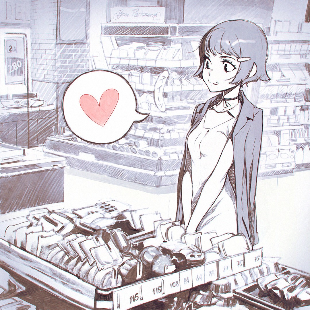 Anime girl in a store with a heart bubble HD Wallpaper