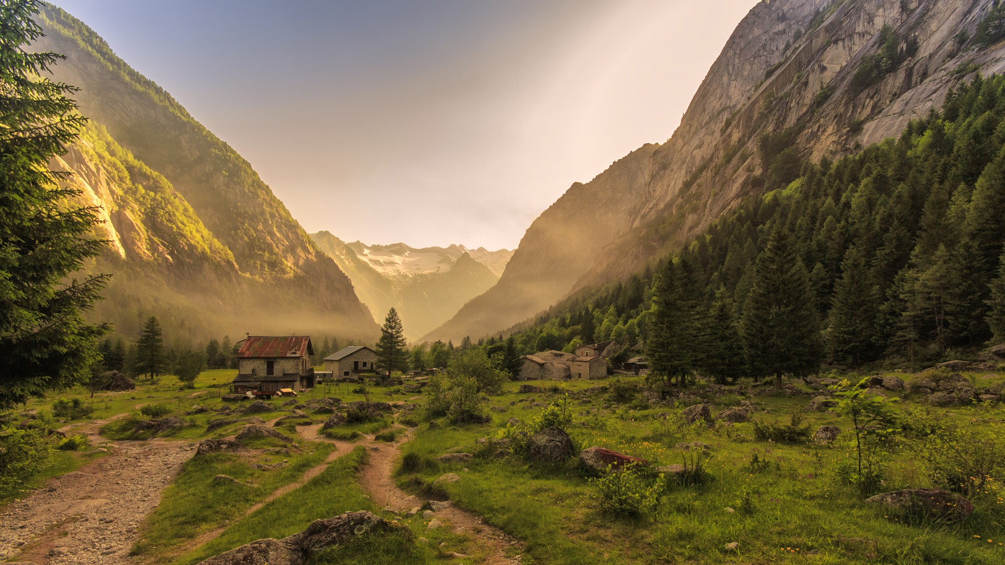 Mountain valley with houses and pine trees HD Wallpaper